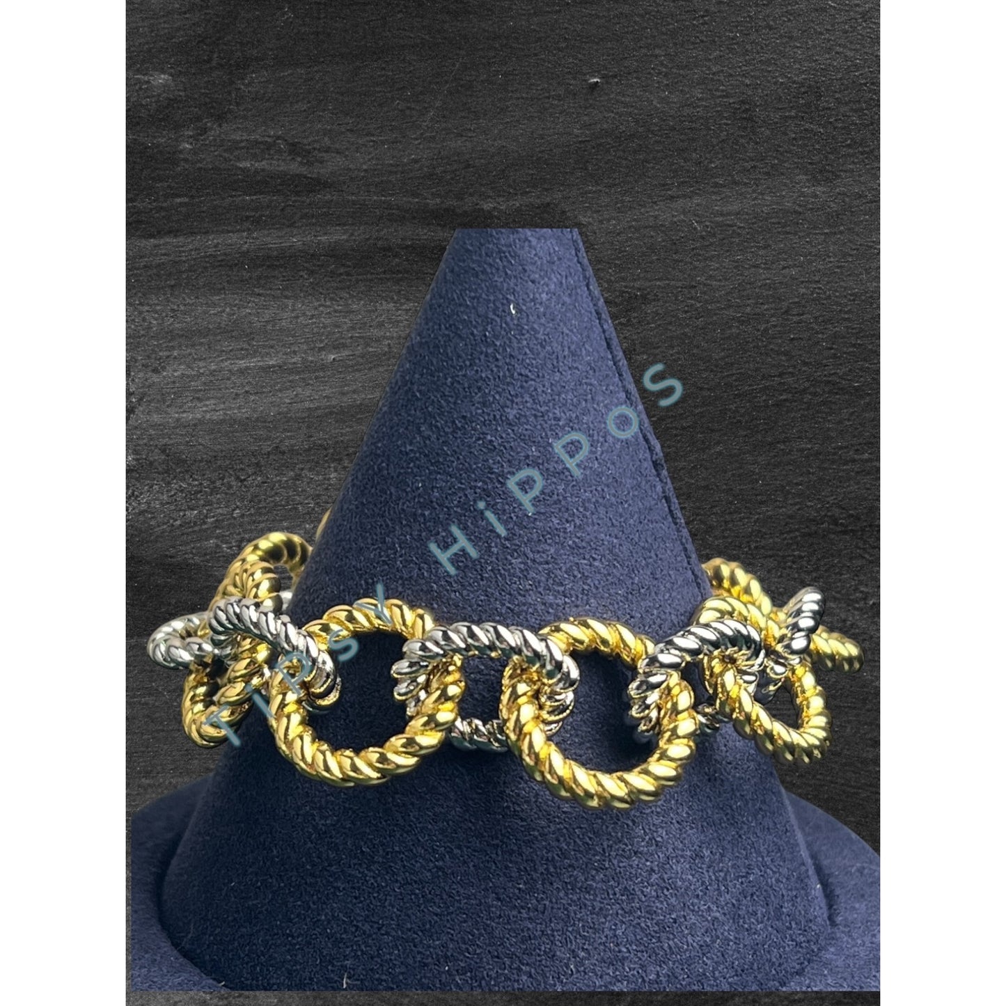 Tory Burch Gold & Silver Twist Rope Chain Bracelet With Logo Pendant In Gift Pouch