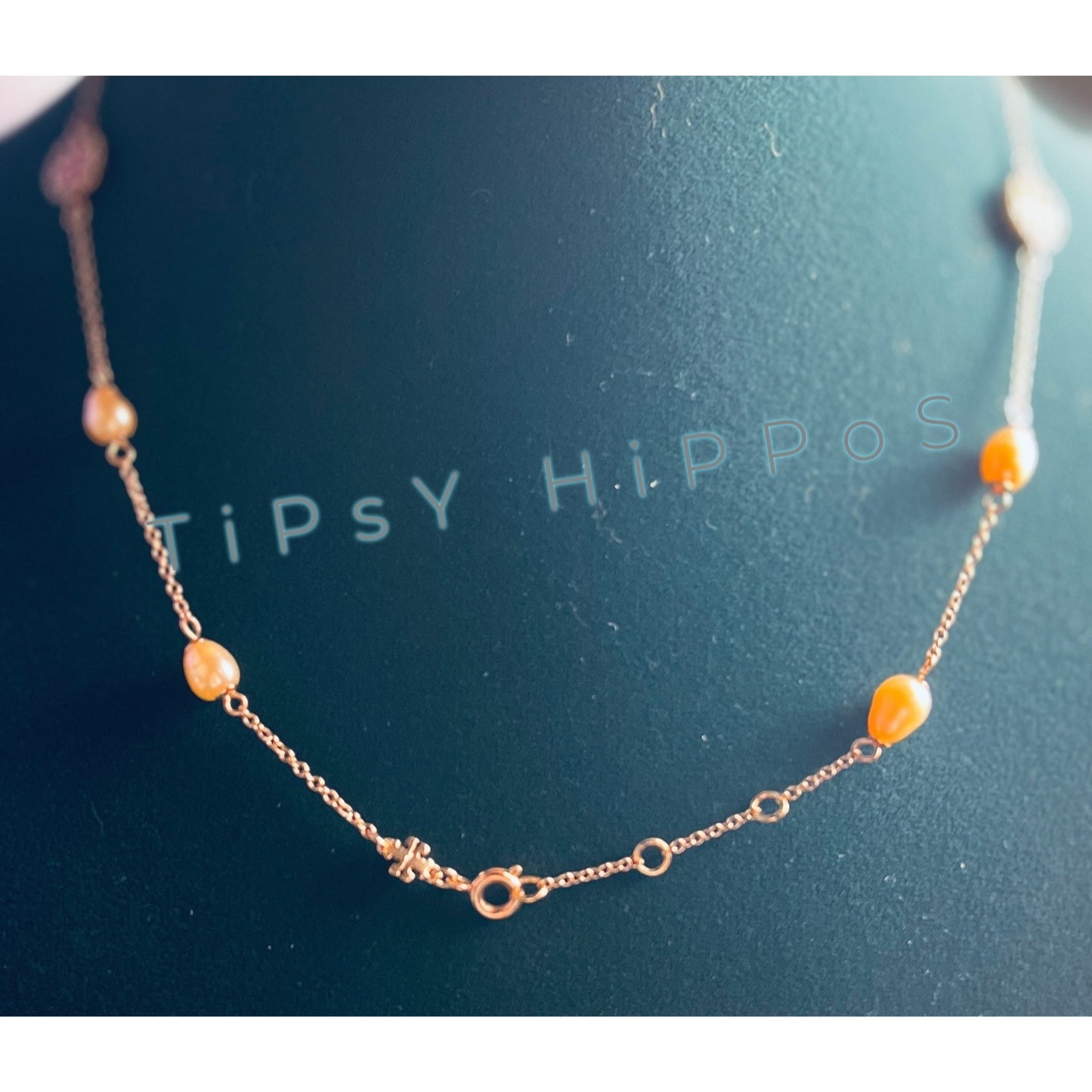 NEW!! Tory Burch Rose Gold Miller Crystal Pave Logo and Pearl Necklace