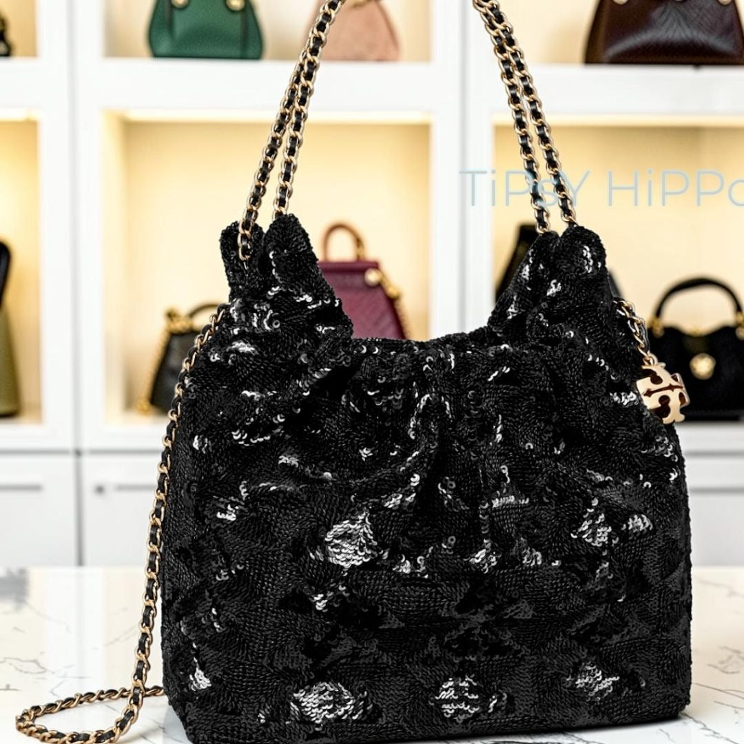 NEW!! TORY BURCH FLEMING Black Sequin Hobo Bag/Crossbody 623T272P