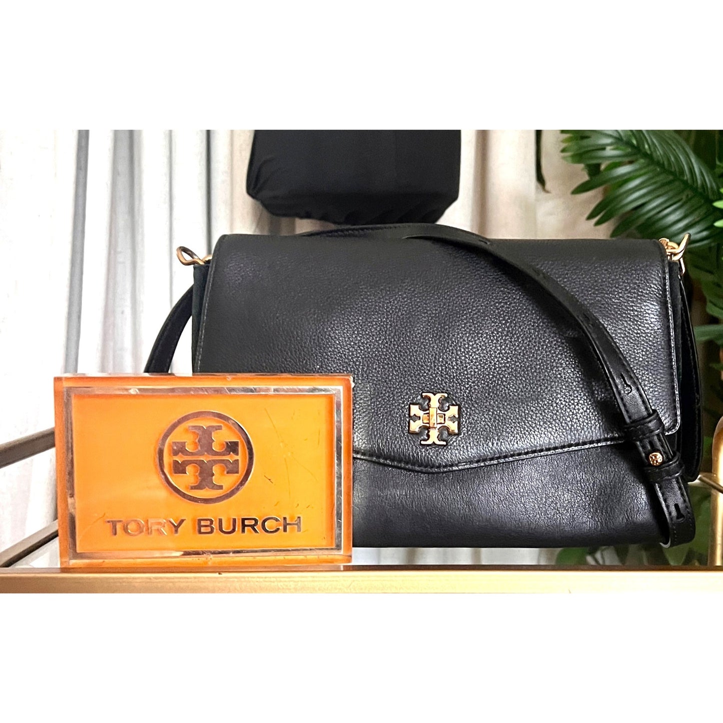 Tory Burch Black & Suede Kira Handbag With Gold Accents & Adjustable Strap