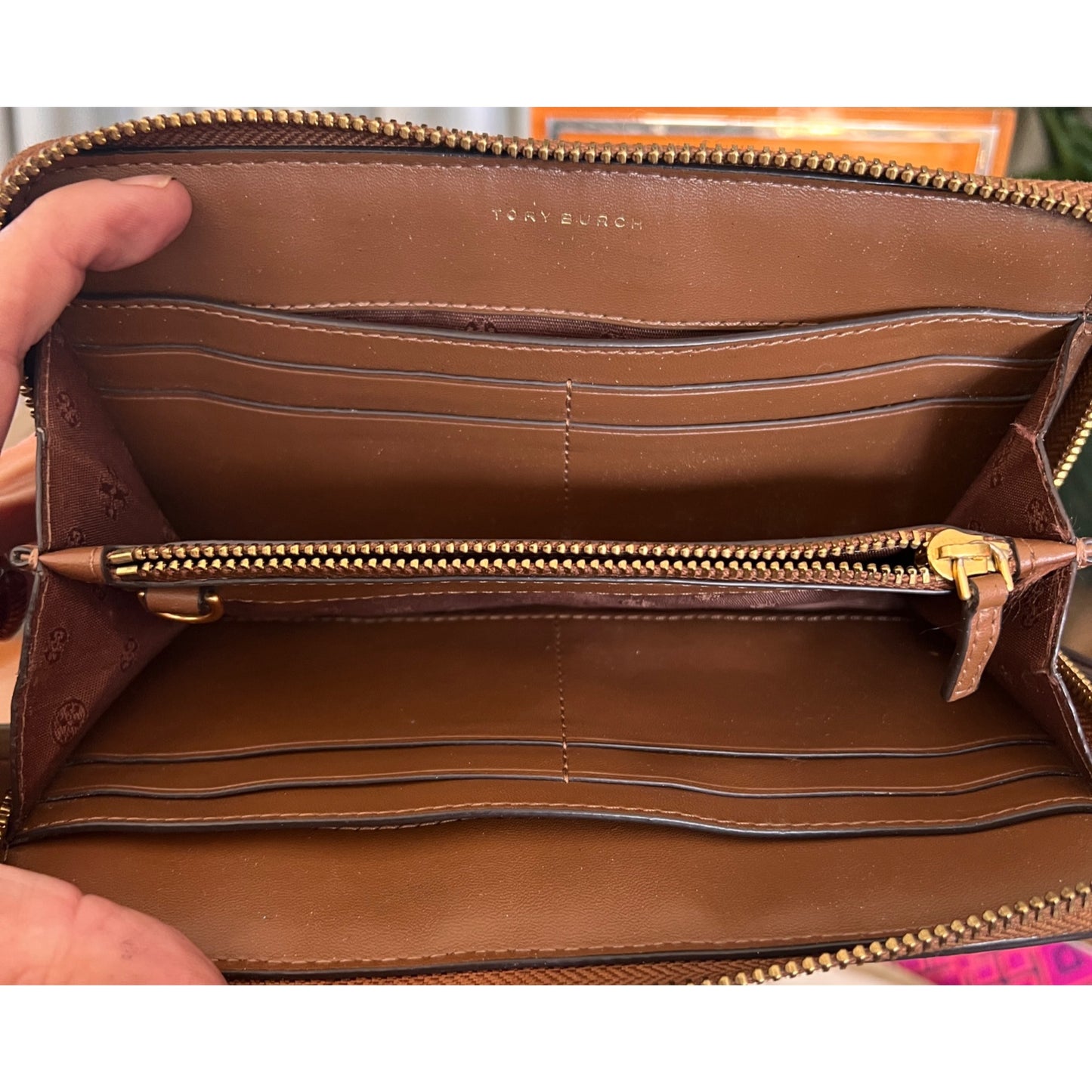 Tory Burch Womens Woven Leather Zip Wallet Multicolor Compact Design Brown Pink Blue Gold Details