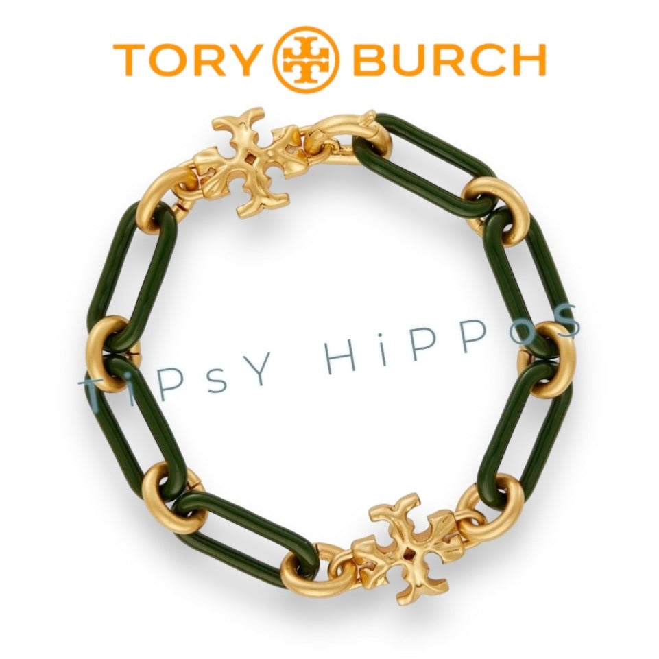 Tory Burch Women's Gold & Green Link Roxanne Bracelet With Logo