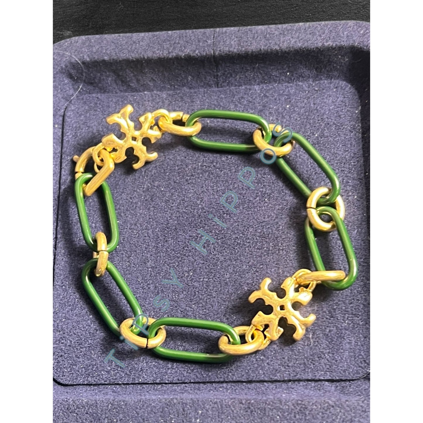 Tory Burch Women's Gold & Green Link Roxanne Bracelet With Logo