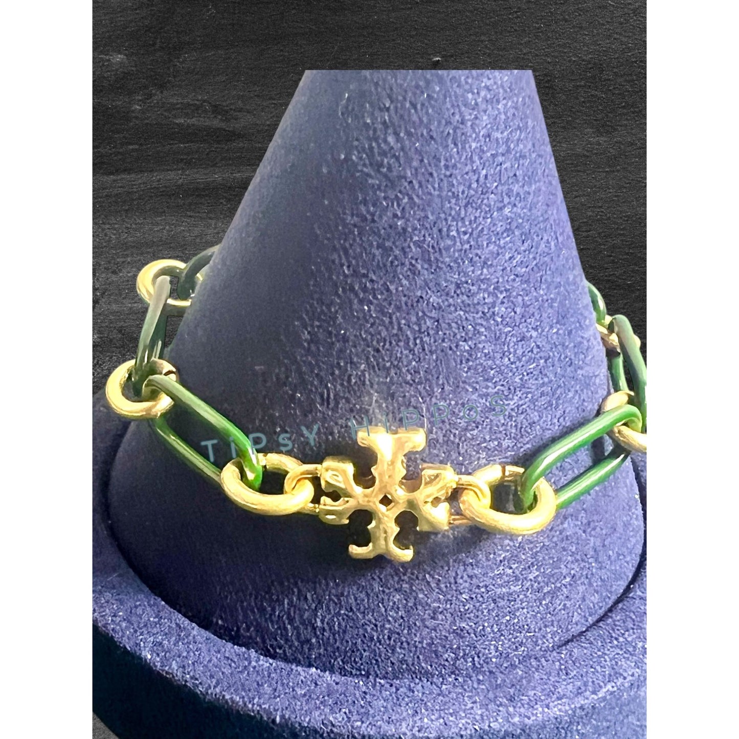 Tory Burch Women's Gold & Green Link Roxanne Bracelet With Logo