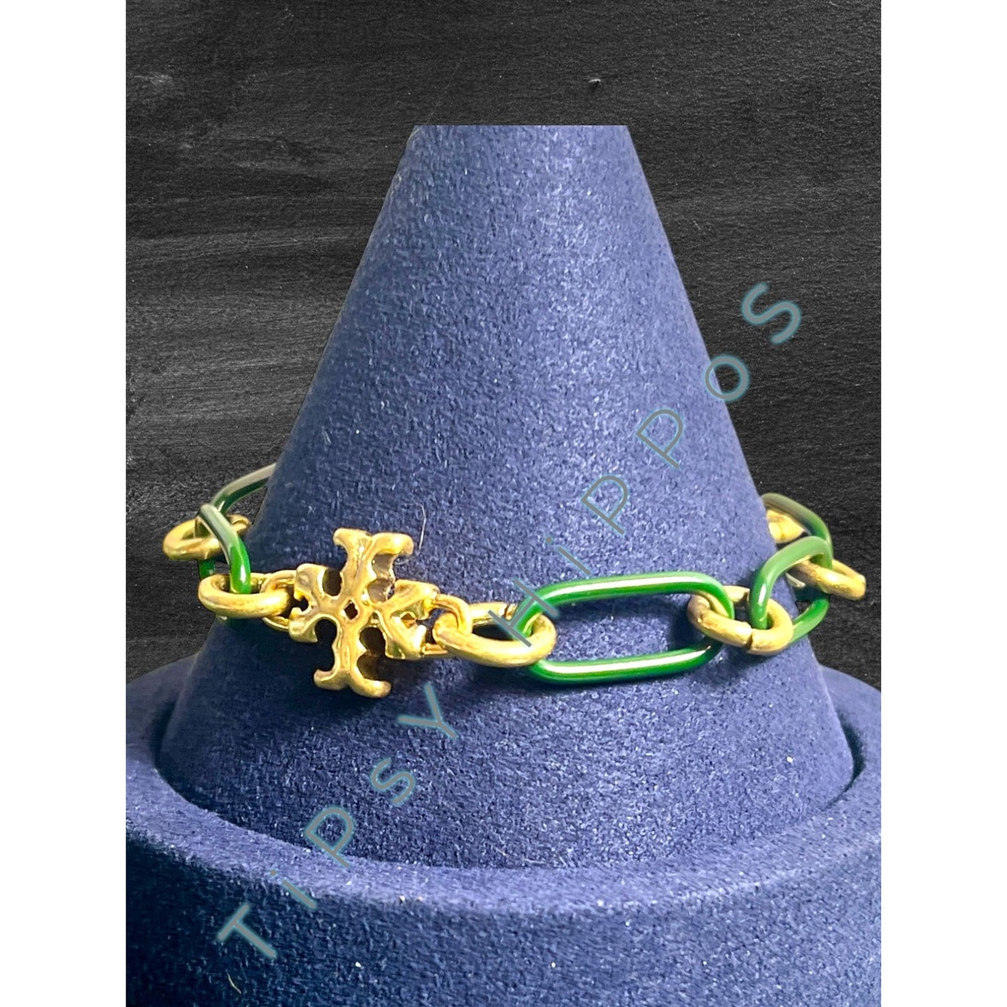 Tory Burch Women's Gold & Green Link Roxanne Bracelet With Logo