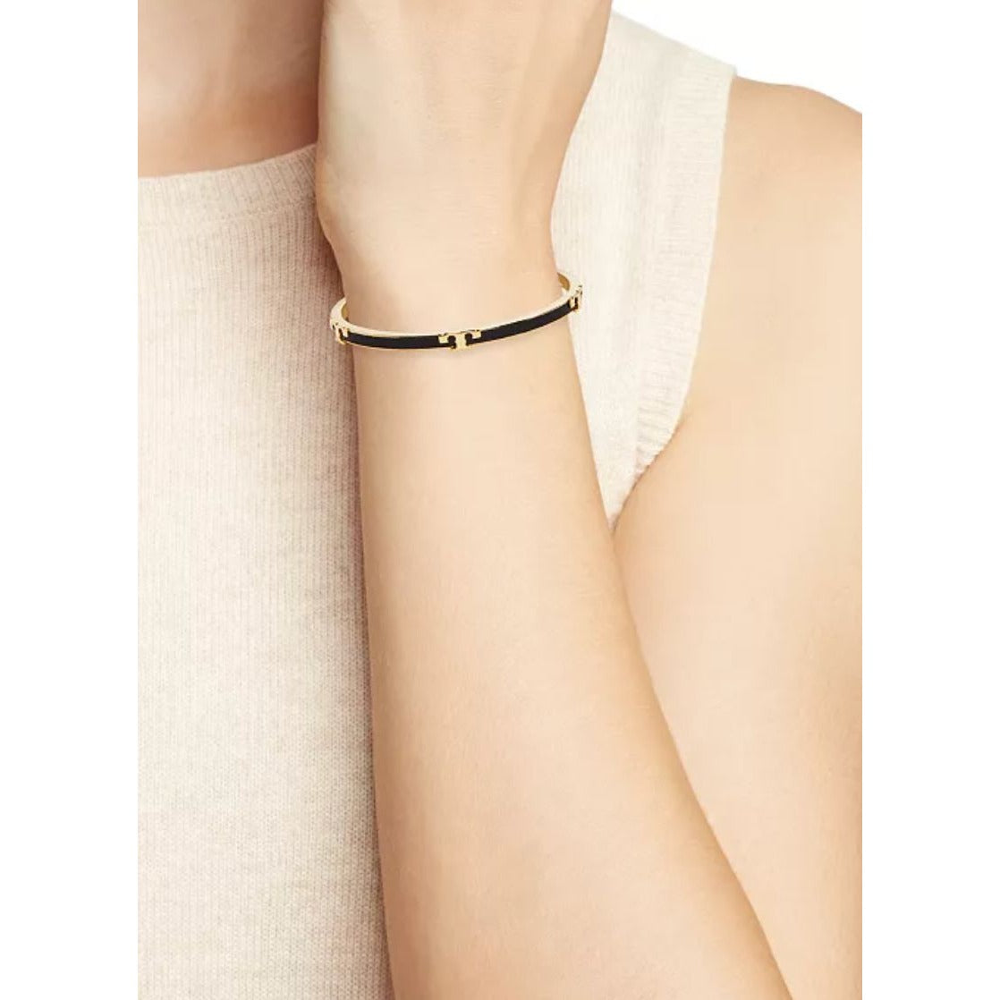 Tory Burch Black & Gold Enamel Serif Bangle Bracelet