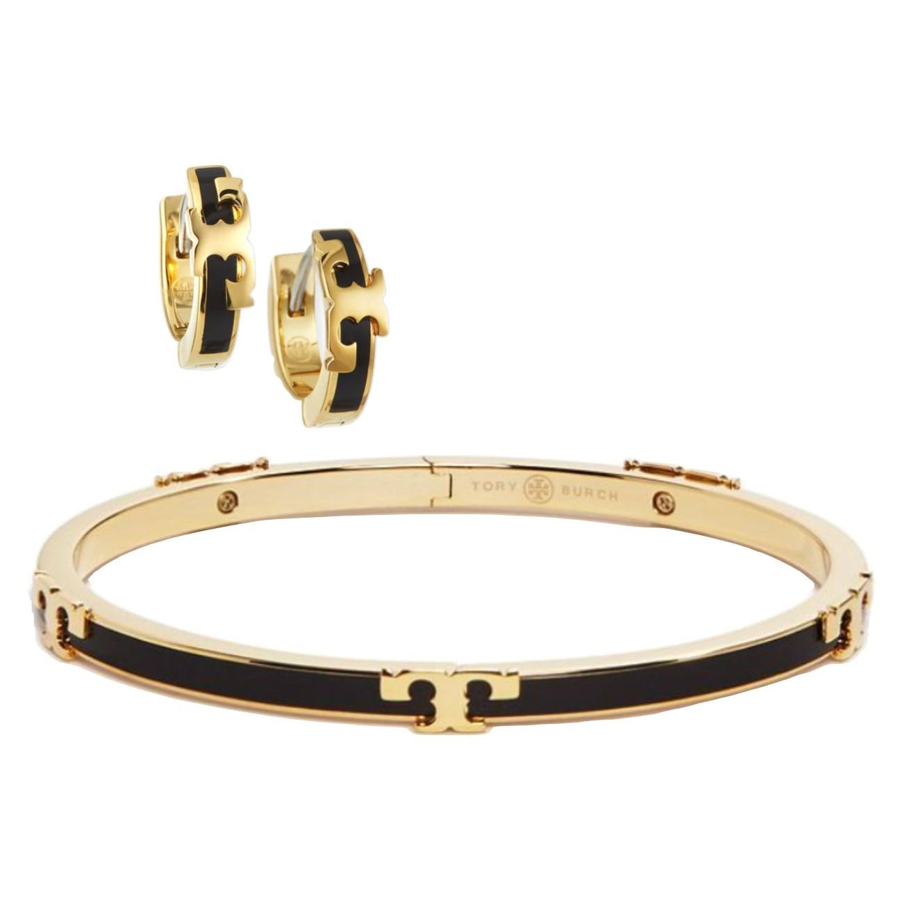 Tory Burch Black & Gold Enamel Serif Bangle Bracelet