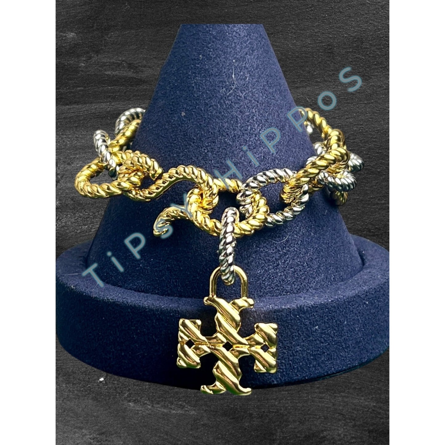 Tory Burch Gold & Silver Twist Rope Chain Bracelet With Logo Pendant In Gift Pouch