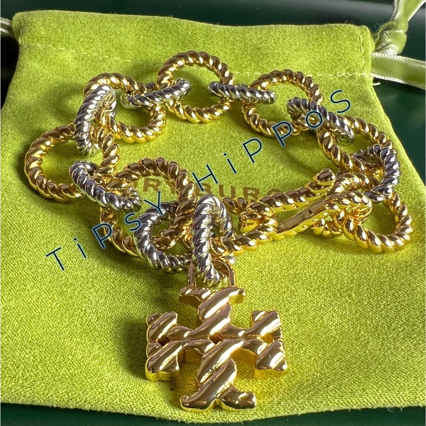 Tory Burch Gold & Silver Twist Rope Chain Bracelet With Logo Pendant In Gift Pouch