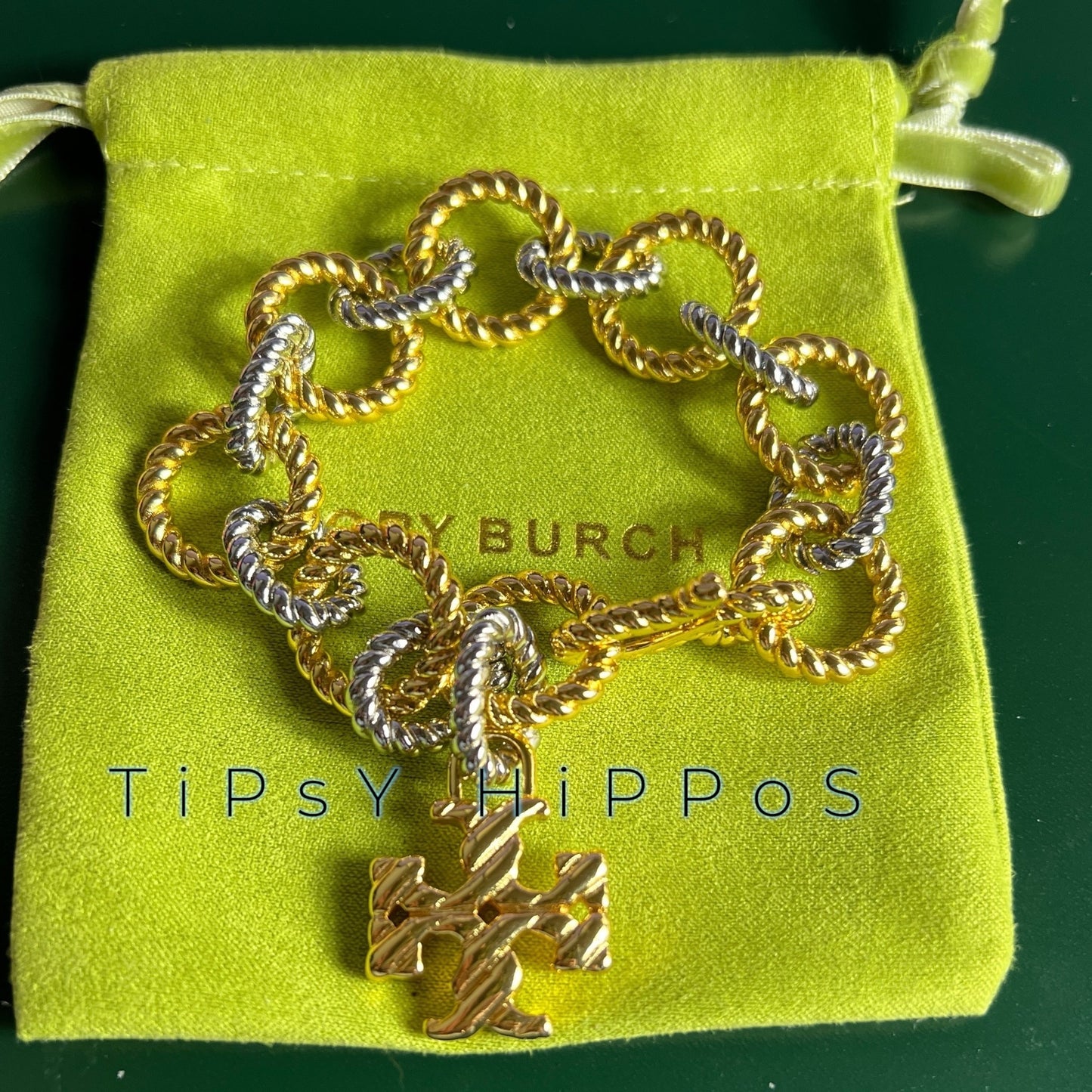 Tory Burch Gold & Silver Twist Rope Chain Bracelet With Logo Pendant In Gift Pouch