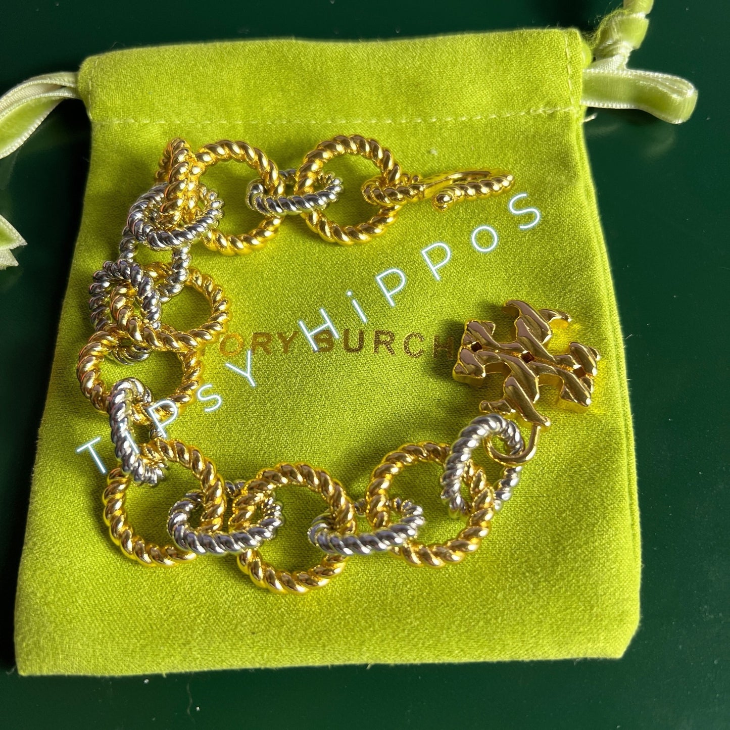 Tory Burch Gold & Silver Twist Rope Chain Bracelet With Logo Pendant In Gift Pouch