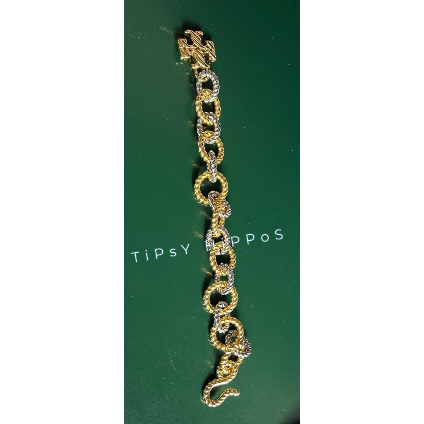 Tory Burch Gold & Silver Twist Rope Chain Bracelet With Logo Pendant In Gift Pouch