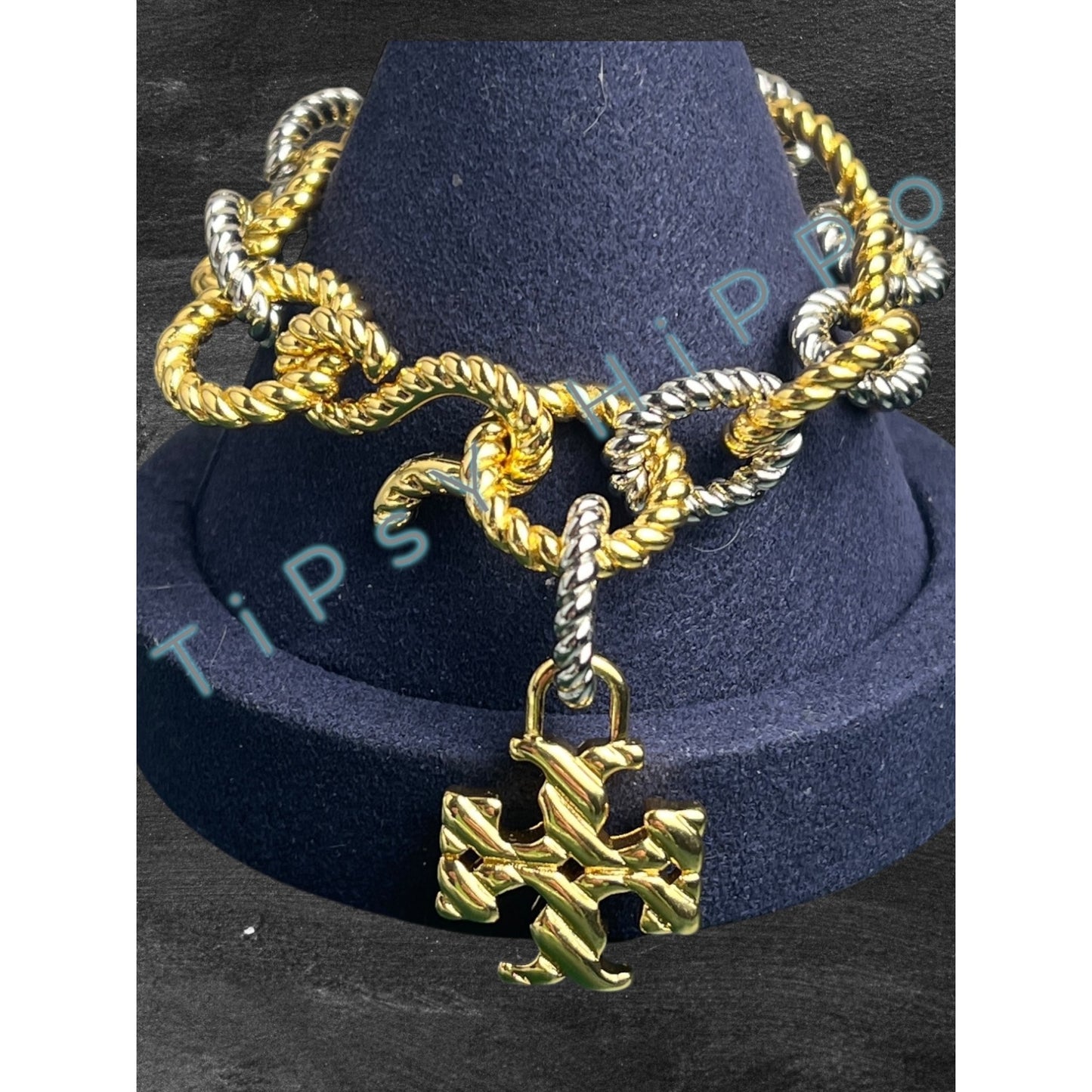 Tory Burch Gold & Silver Twist Rope Chain Bracelet With Logo Pendant In Gift Pouch