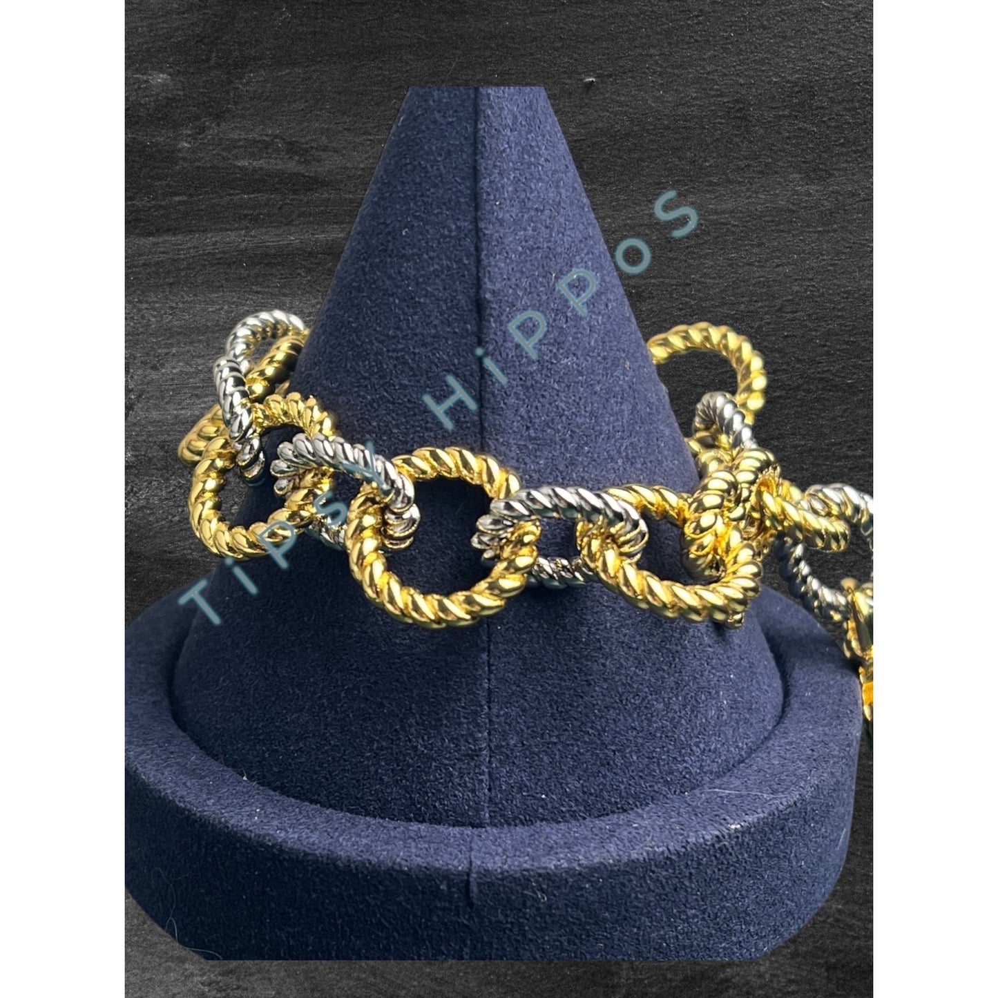 Tory Burch Gold & Silver Twist Rope Chain Bracelet With Logo Pendant In Gift Pouch