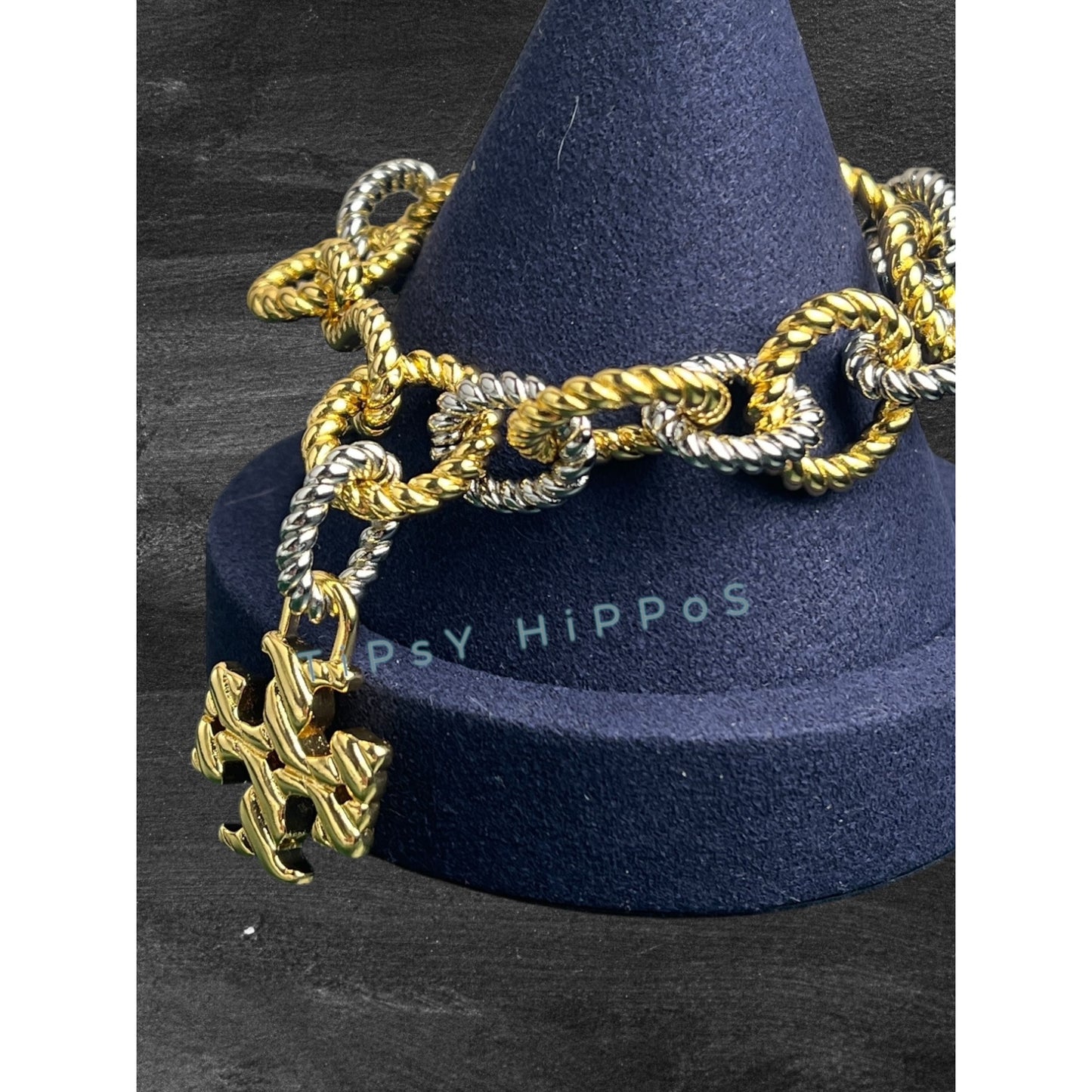 Tory Burch Gold & Silver Twist Rope Chain Bracelet With Logo Pendant In Gift Pouch