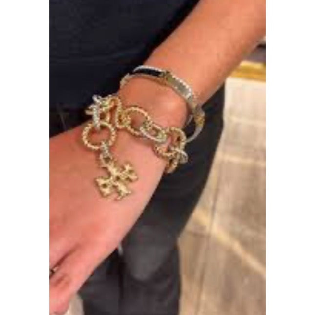 Tory Burch Gold & Silver Twist Rope Chain Bracelet With Logo Pendant In Gift Pouch