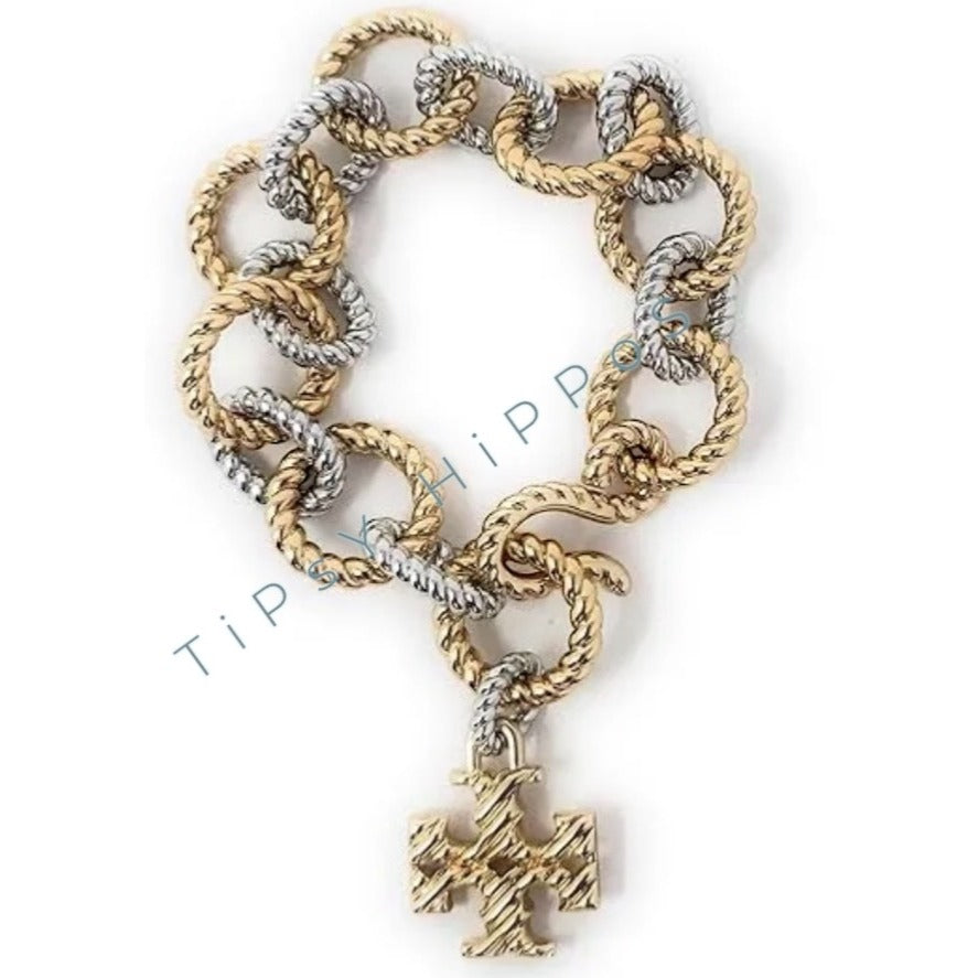 Tory Burch Gold & Silver Twist Rope Chain Bracelet With Logo Pendant In Gift Pouch