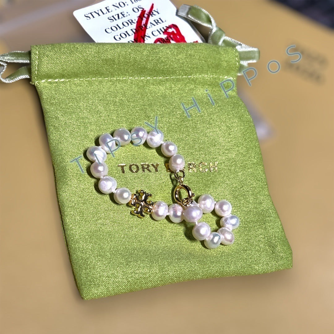 Tory Burch Pearl Bracelet With Gold Logo Charm & Clasp. 6282851