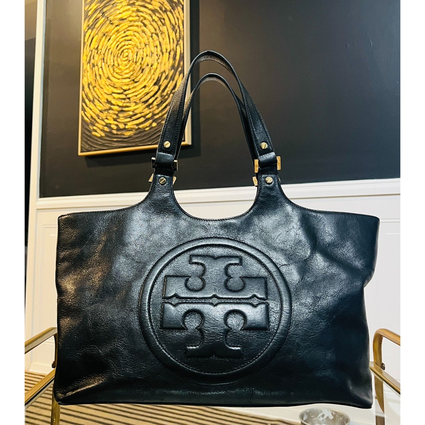 Tory Burch Black Leather Black Bombe Ella Satchel Shoulder Bag