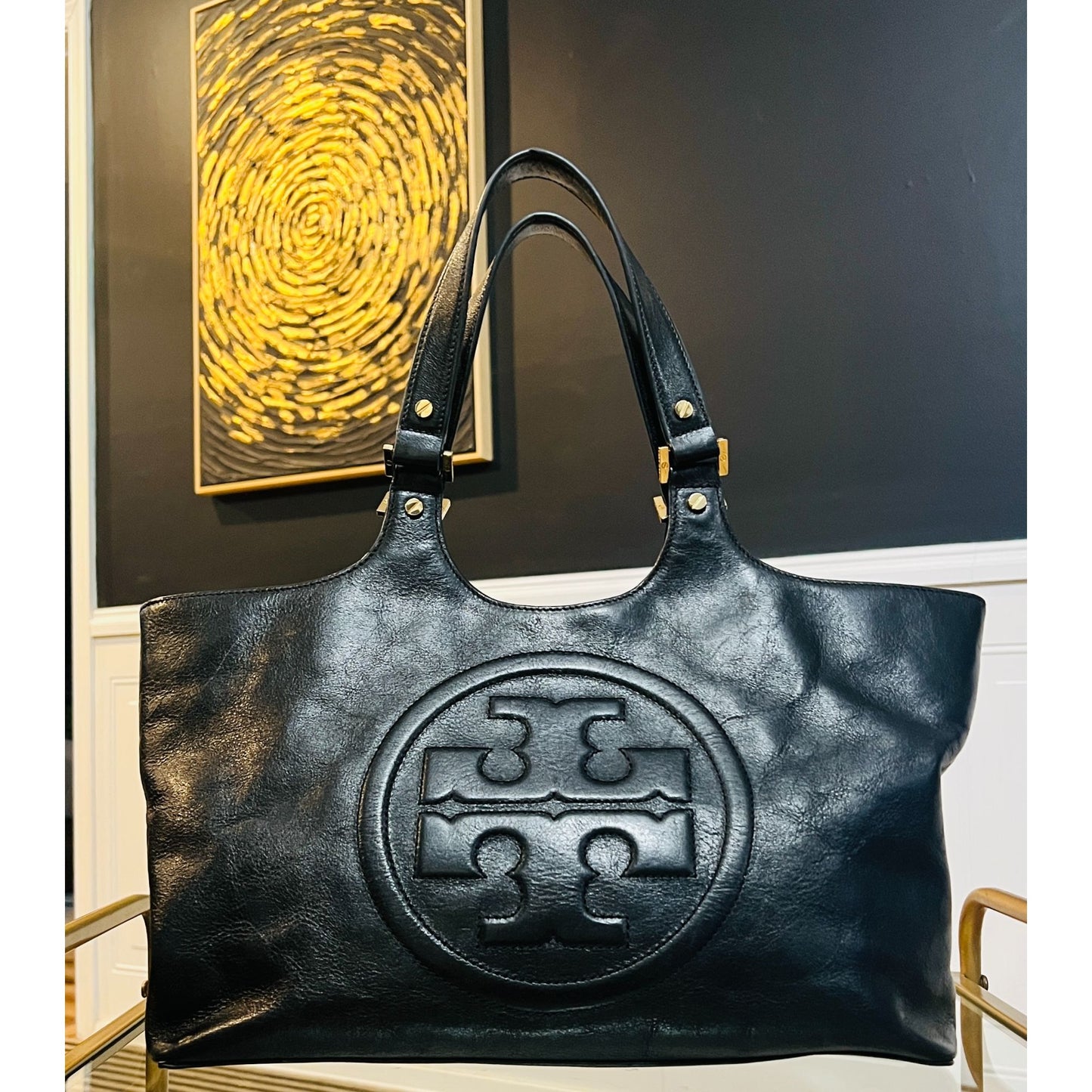 Tory Burch Black Leather Black Bombe Ella Satchel Shoulder Bag