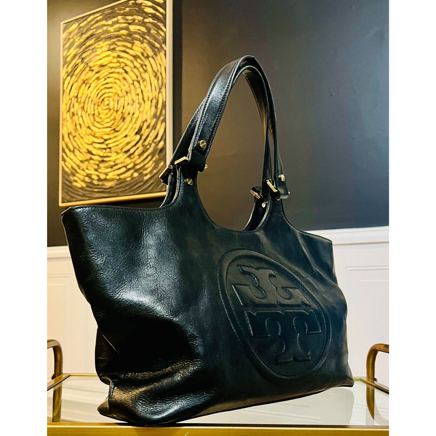 Tory Burch Black Leather Black Bombe Ella Satchel Shoulder Bag