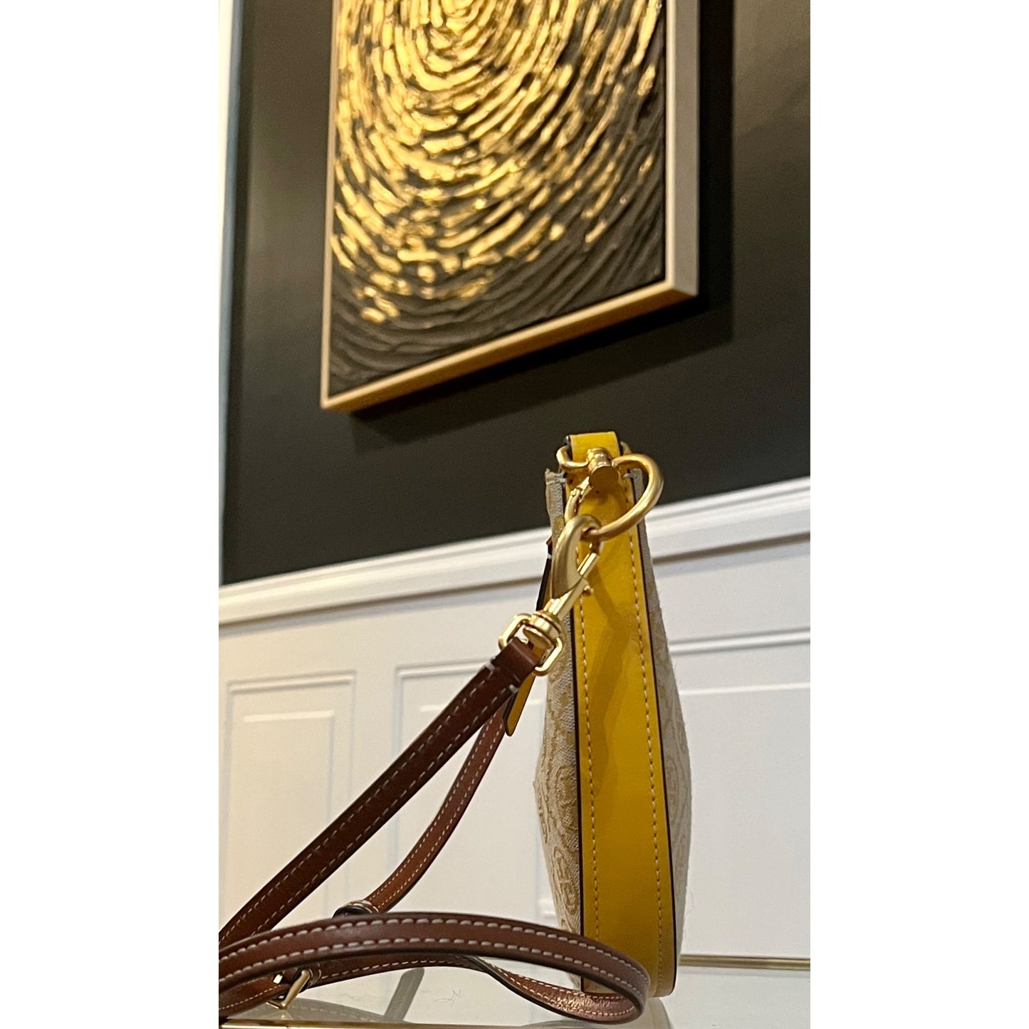 Tory Burch Monogram Half-Moon Crossbody Bag With Adjustable Strap In Yellow & Brown