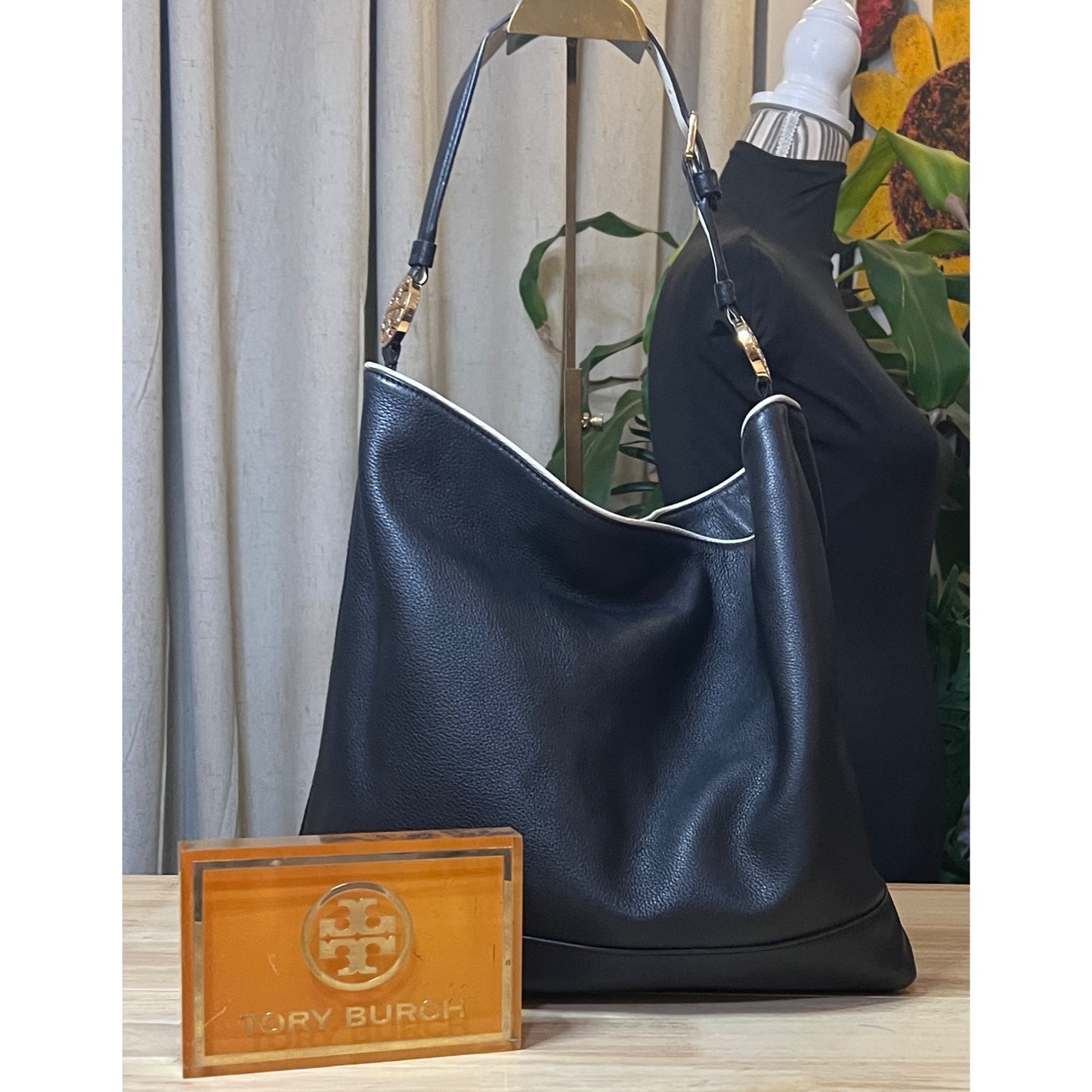 AUTHENTIC TORY BURCH Vintage Black Hobo with White Piping!  RARE!