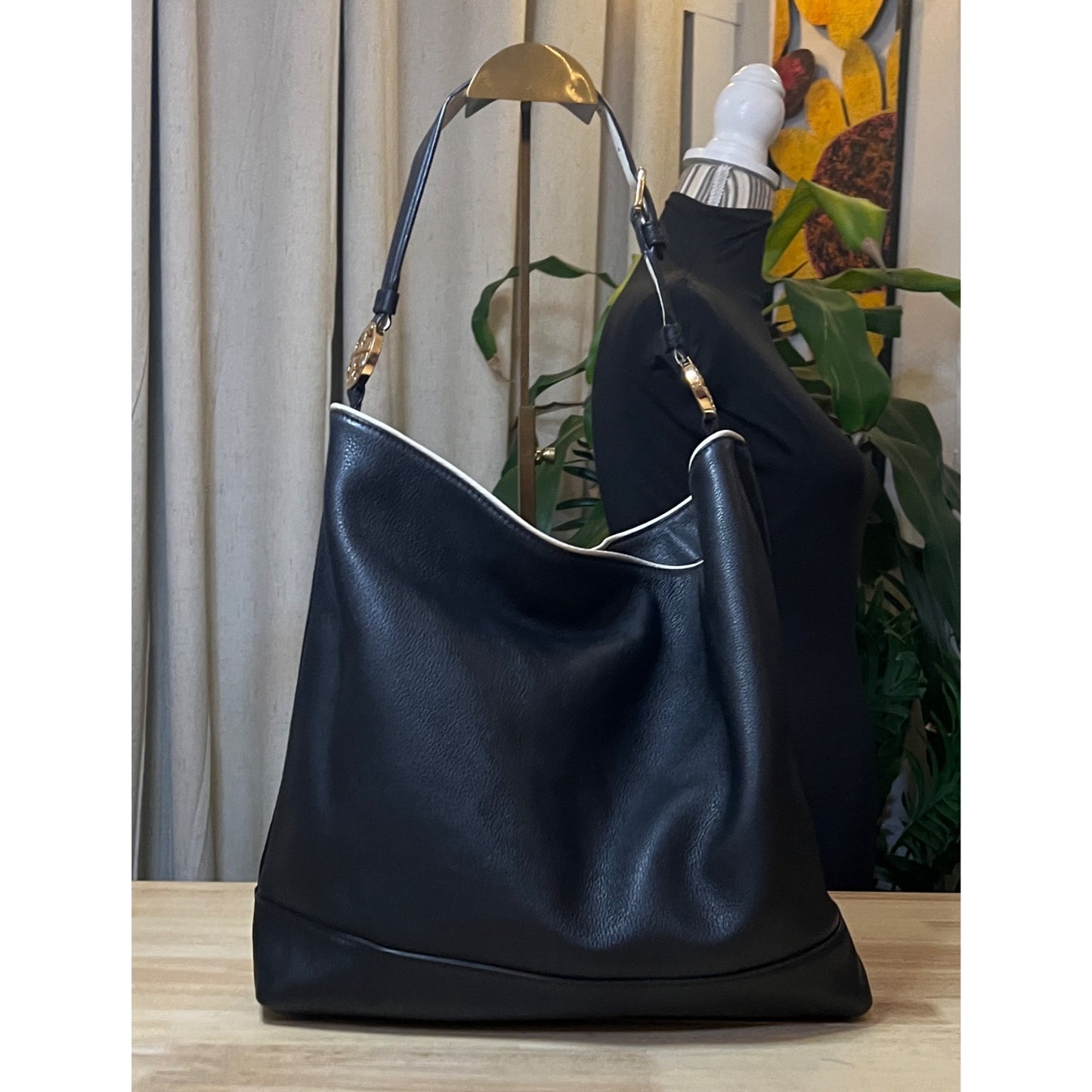 AUTHENTIC TORY BURCH Vintage Black Hobo with White Piping!  RARE!