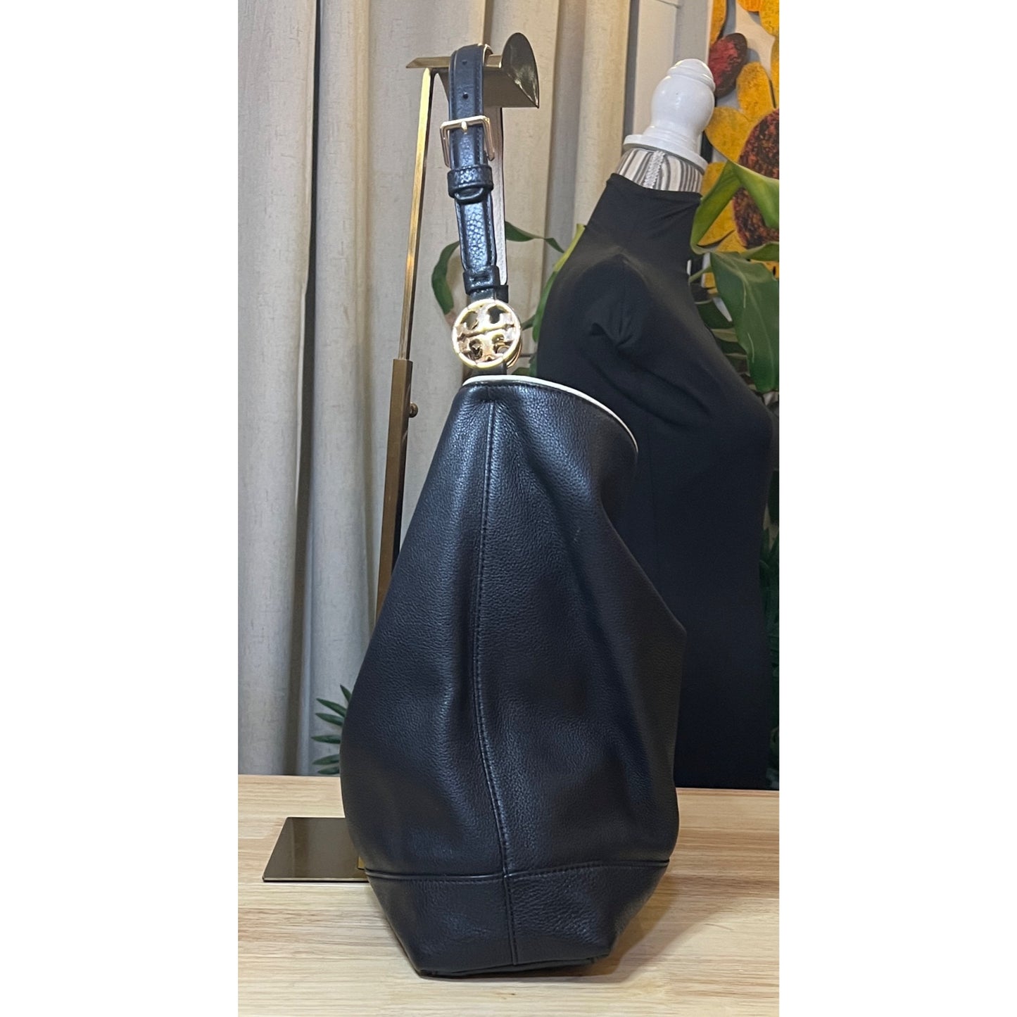 AUTHENTIC TORY BURCH Vintage Black Hobo with White Piping!  RARE!