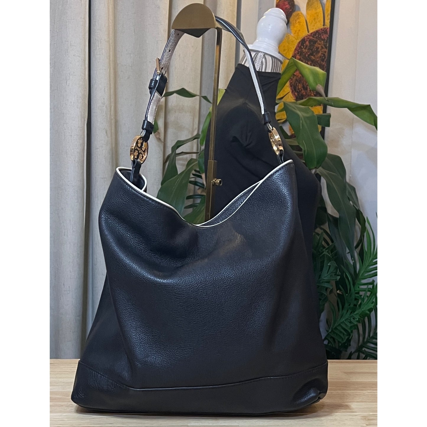 AUTHENTIC TORY BURCH Vintage Black Hobo with White Piping!  RARE!
