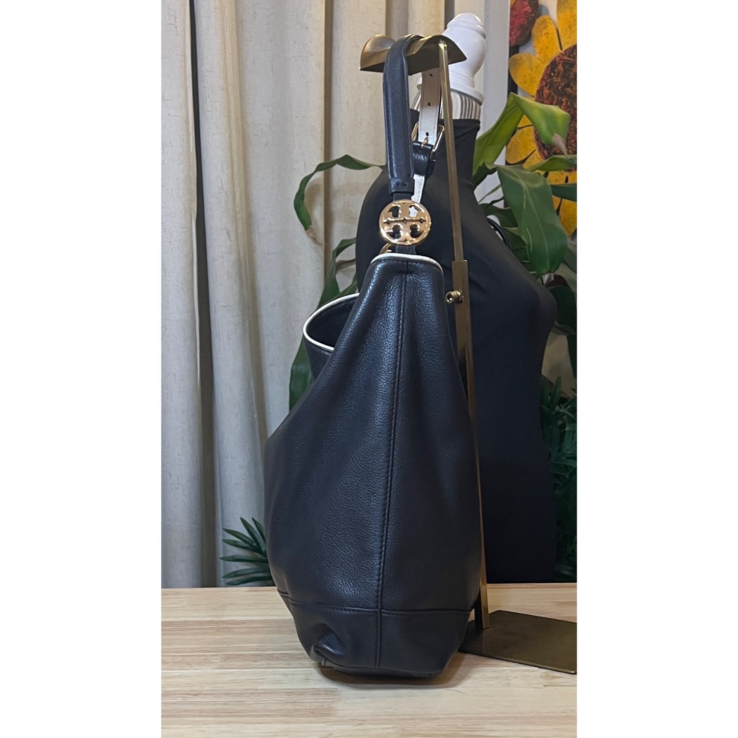 AUTHENTIC TORY BURCH Vintage Black Hobo with White Piping!  RARE!