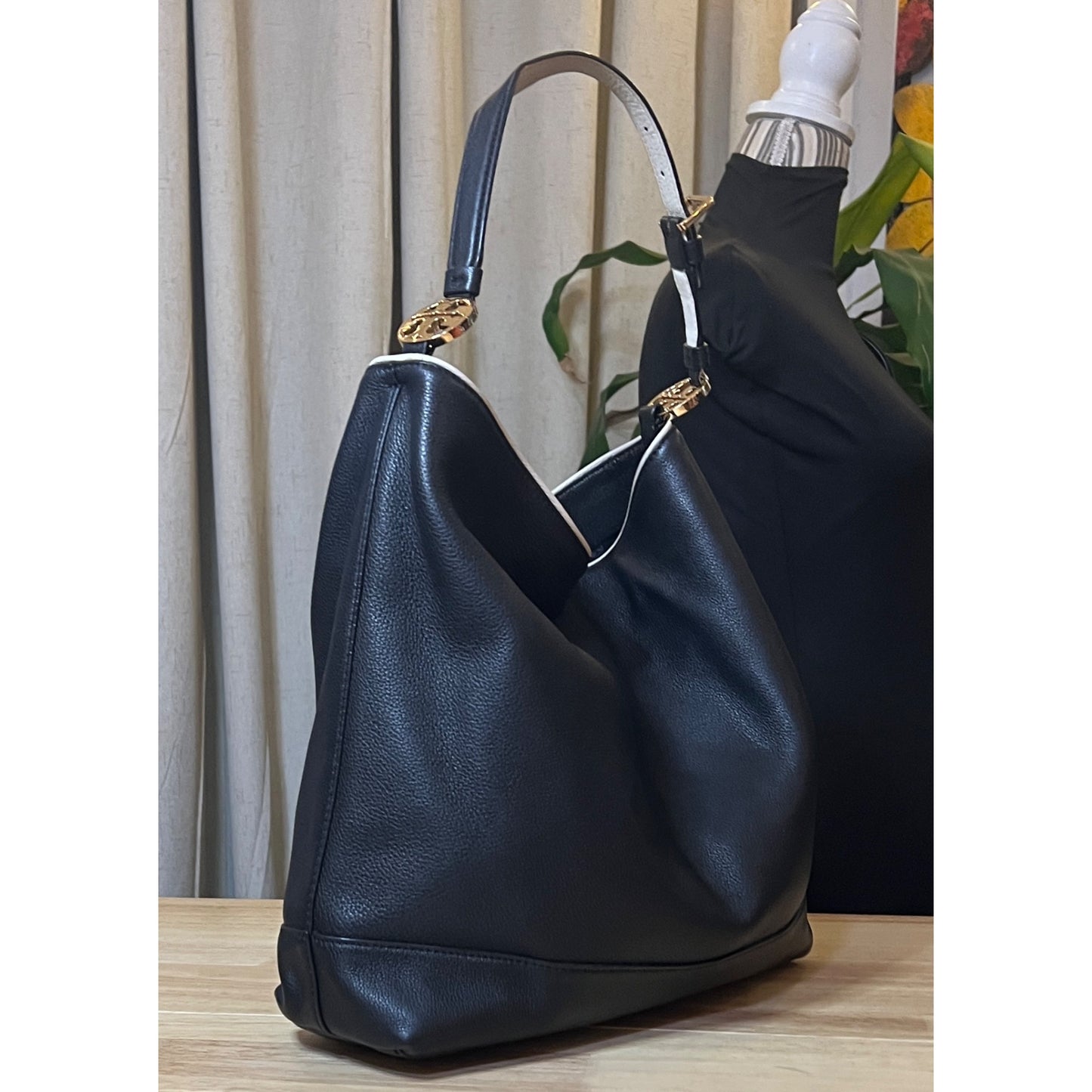 AUTHENTIC TORY BURCH Vintage Black Hobo with White Piping!  RARE!