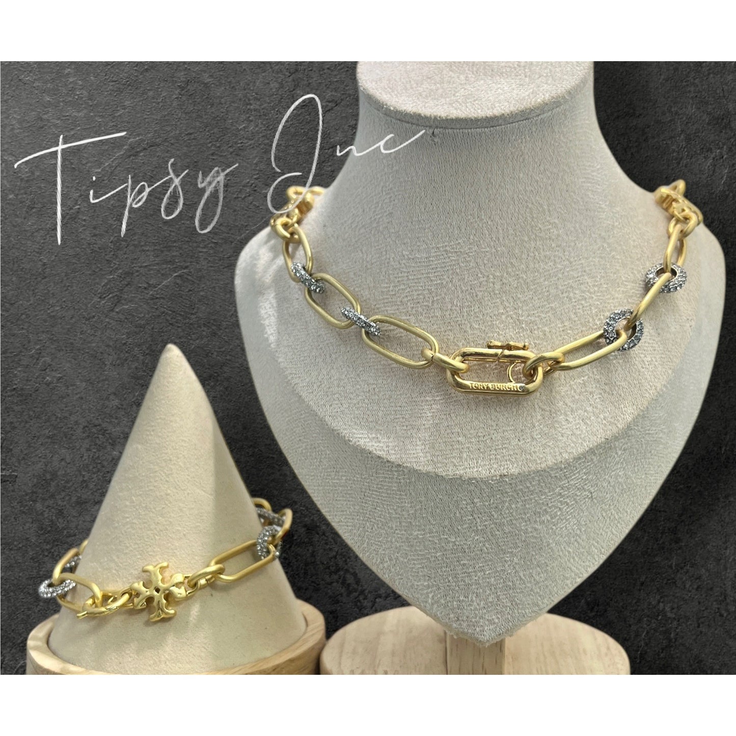 TORY BURCH ROXANNE CHAIN PAVÉ SHORT NECKLACE & BRACELET SET