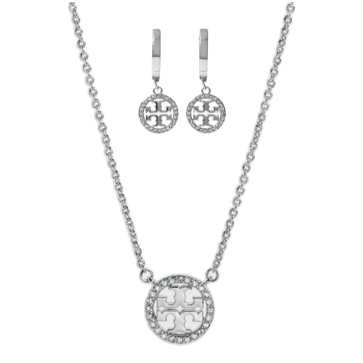 Tory Burch Silver Miller Logo Pave Chainlink Necklace & Dangle Earring Set