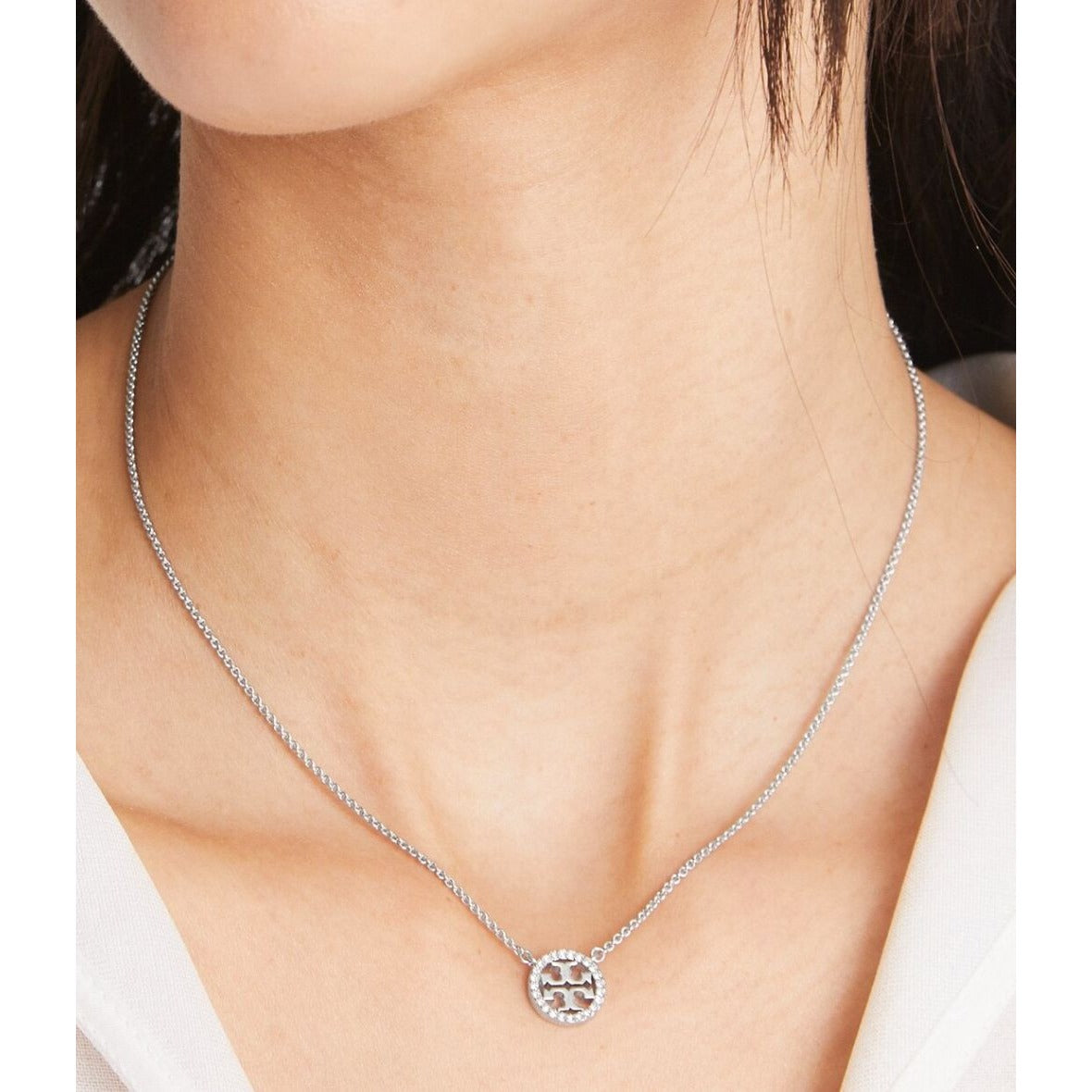 Tory Burch Silver Miller Logo Pave Chainlink Necklace & Dangle Earring Set