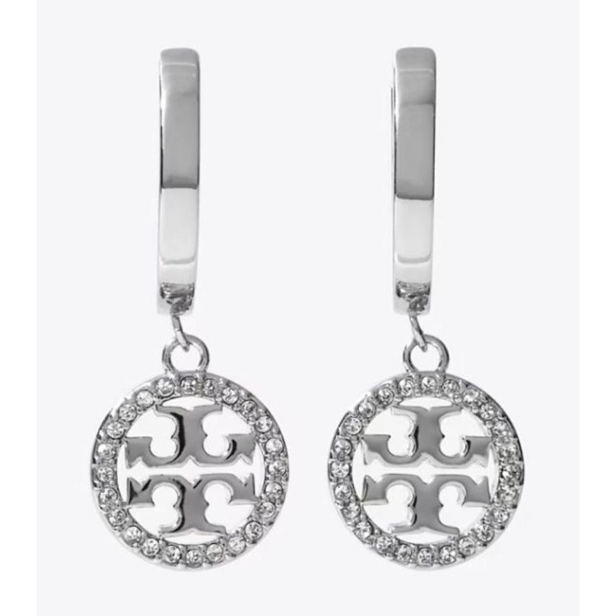 Tory Burch Silver Miller Logo Pave Chainlink Necklace & Dangle Earring Set