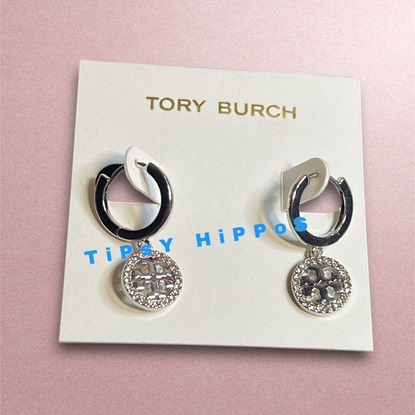 Tory Burch Silver Miller Logo Pave Chainlink Necklace & Dangle Earring Set