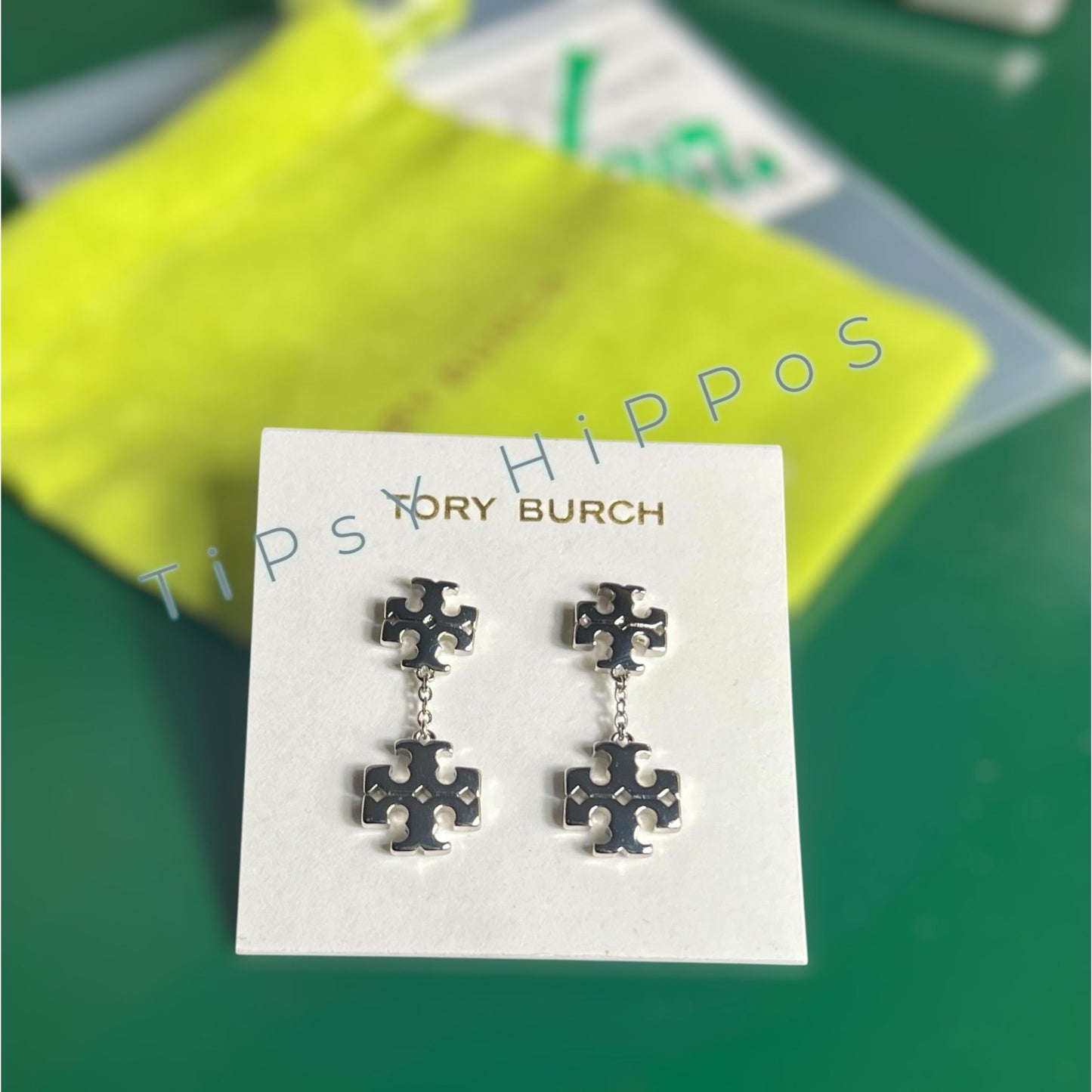 Tory Burch Silver Kira Logo Dangle Earrings