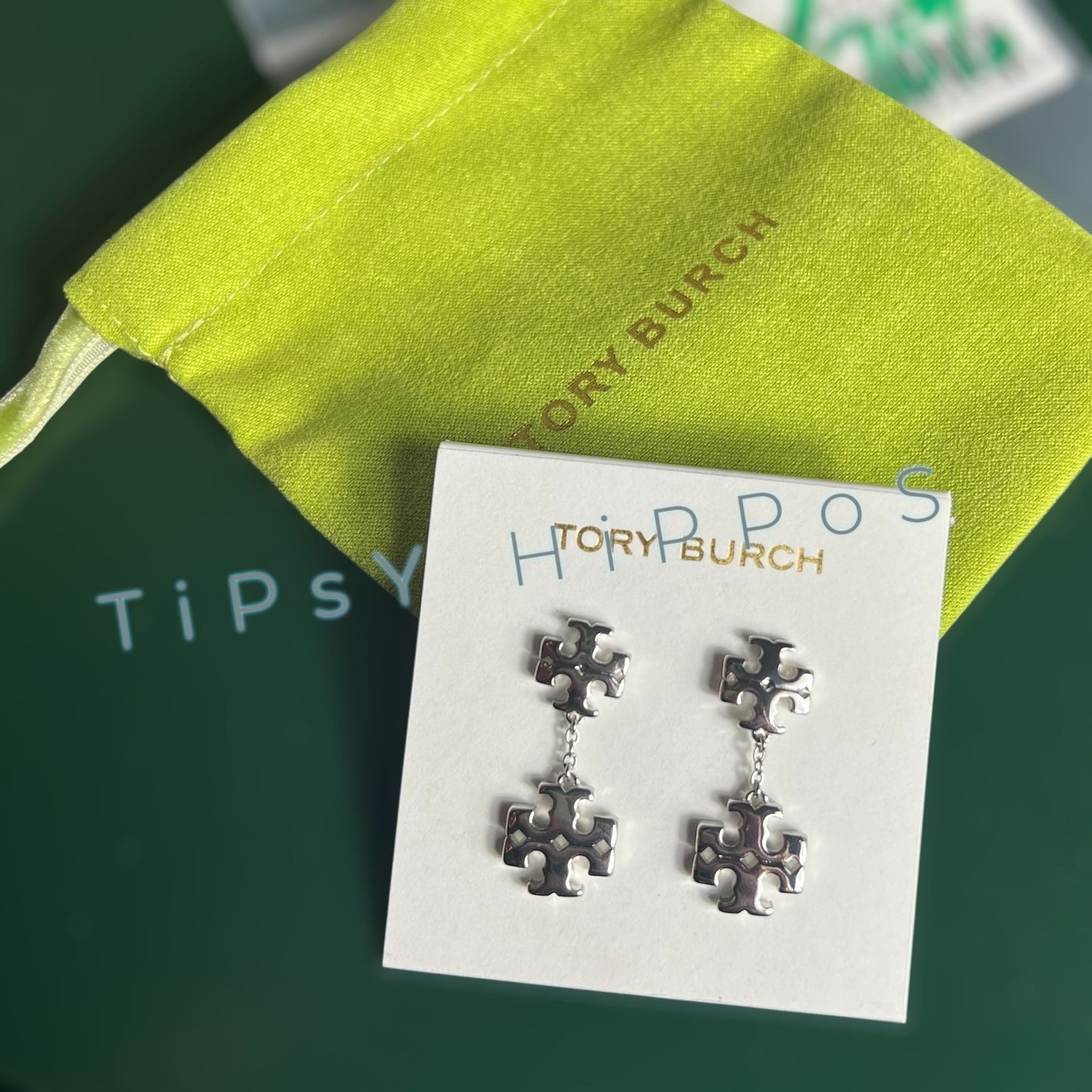 Tory Burch Silver Kira Logo Dangle Earrings