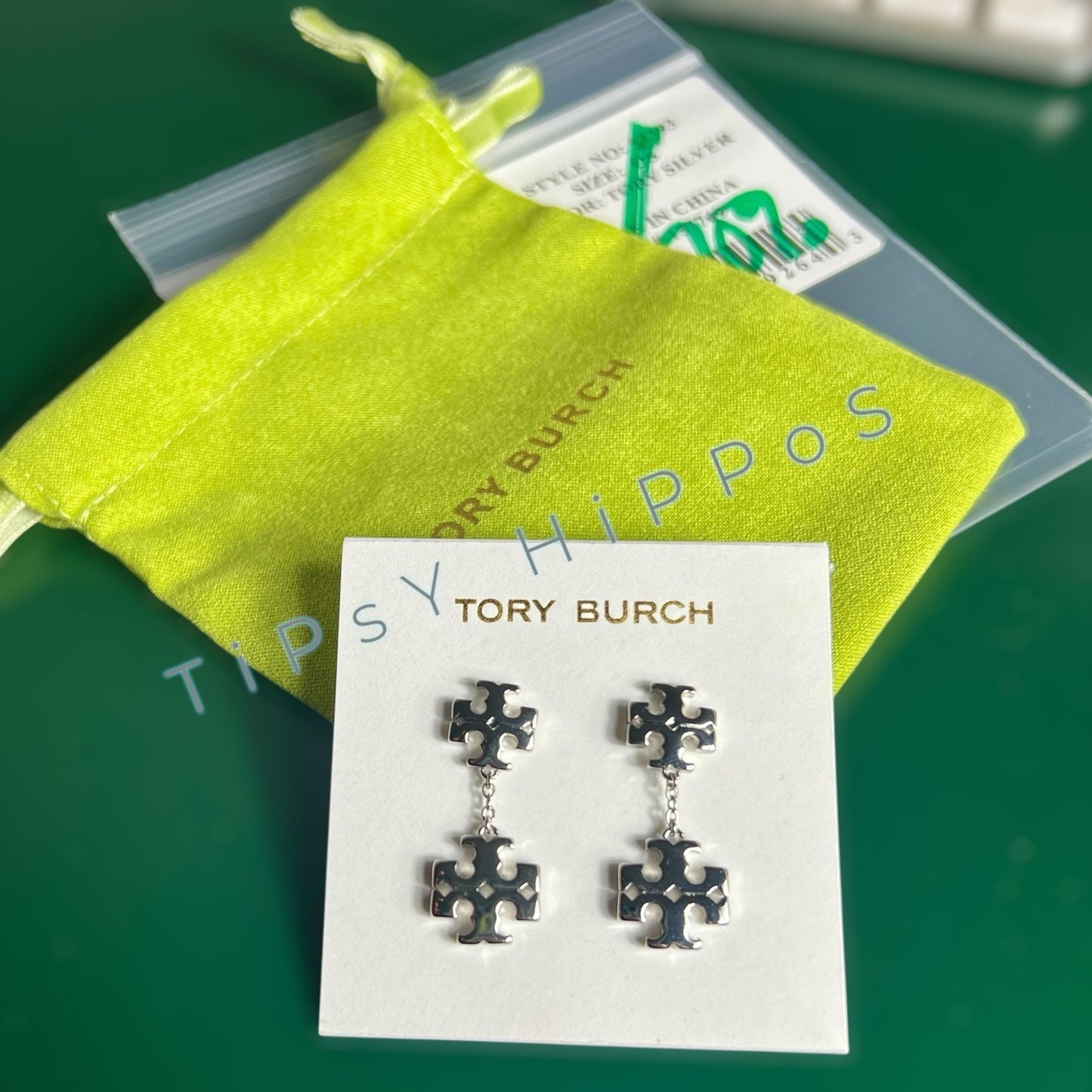 Tory Burch Silver Kira Logo Dangle Earrings