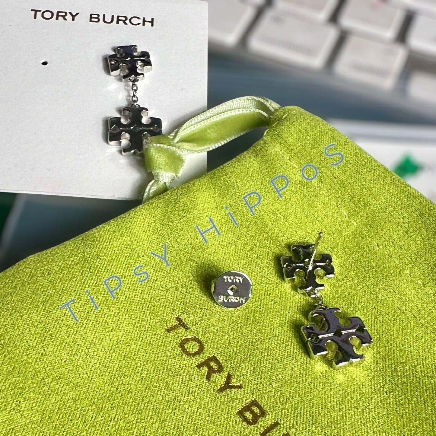 Tory Burch Silver Kira Logo Dangle Earrings