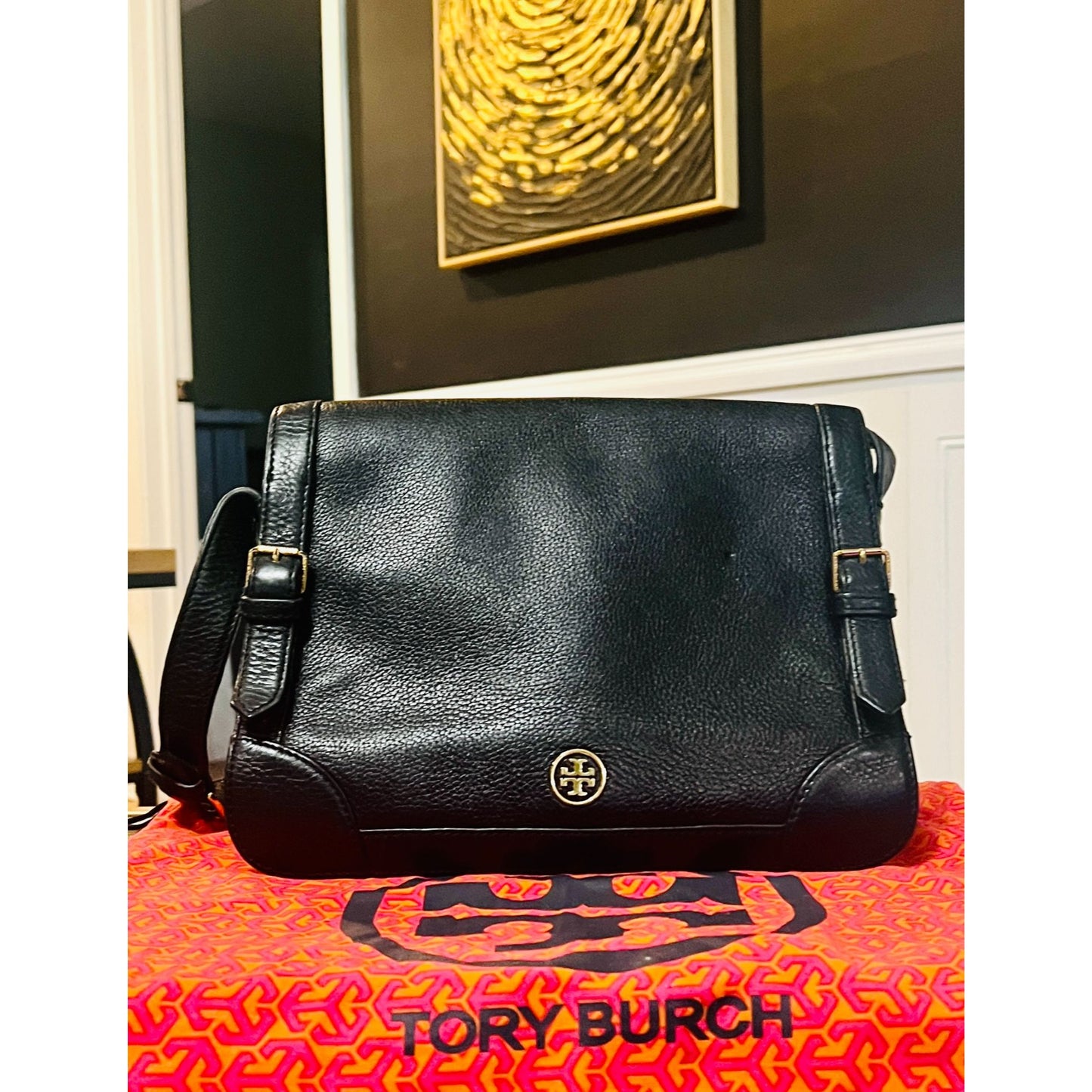 TORY BURCH BLACK LEATHER VINTAGE ROBINSON SHOULDER BAG WITH ADJUSTABLE STRAP