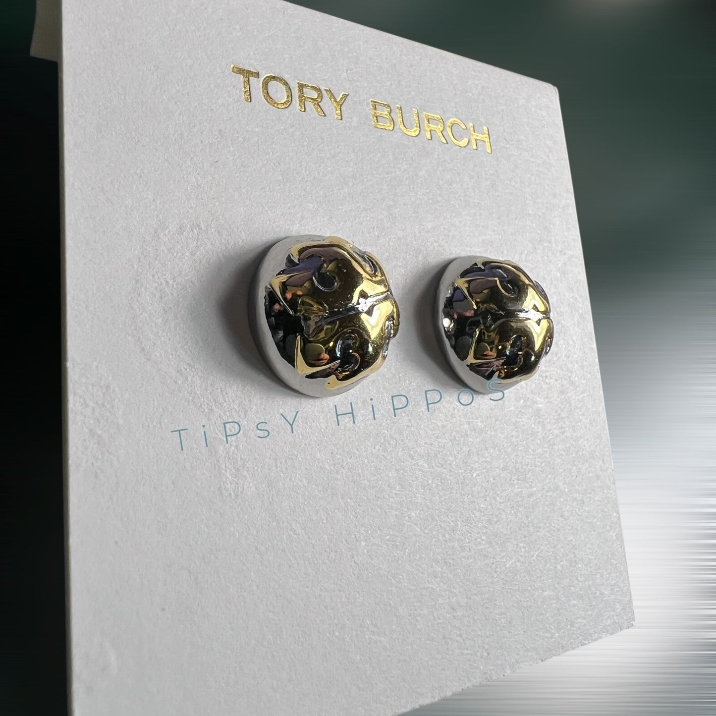 NEW!  Tory Burch Silver and Gold Logo Stud Earrings