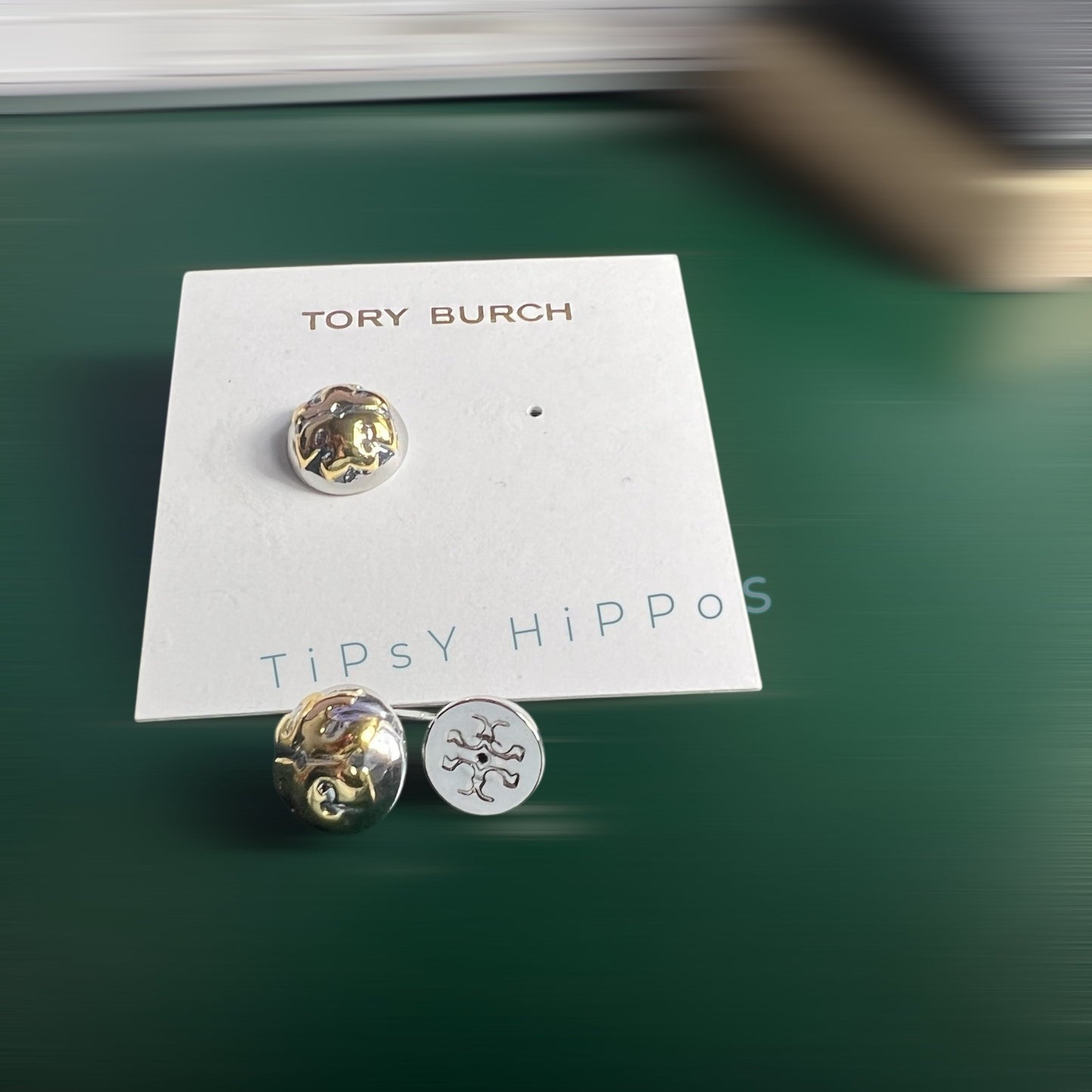 NEW!  Tory Burch Silver and Gold Logo Stud Earrings