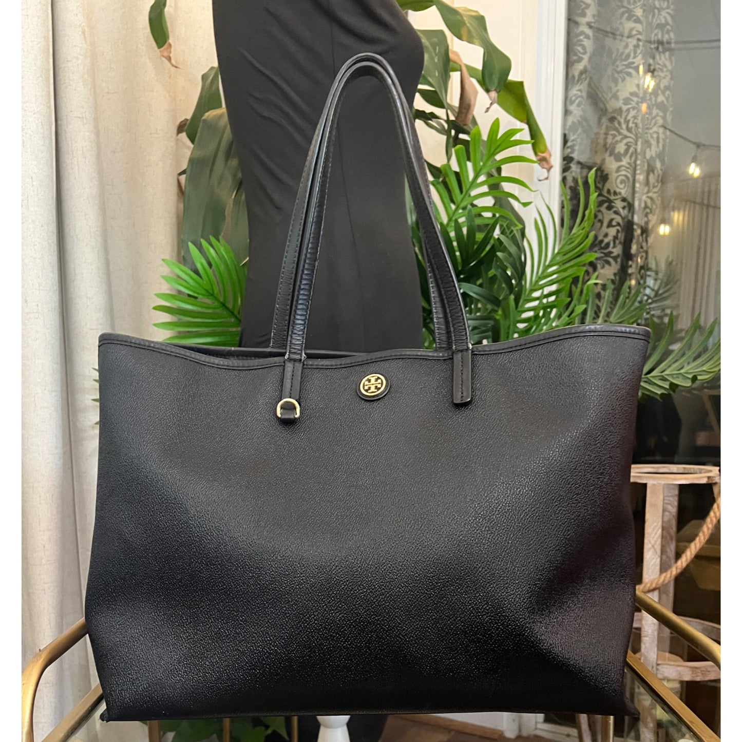 TORY BURCH BLACK STEFANO LEAHTER ROBINSON LARGE TOTE