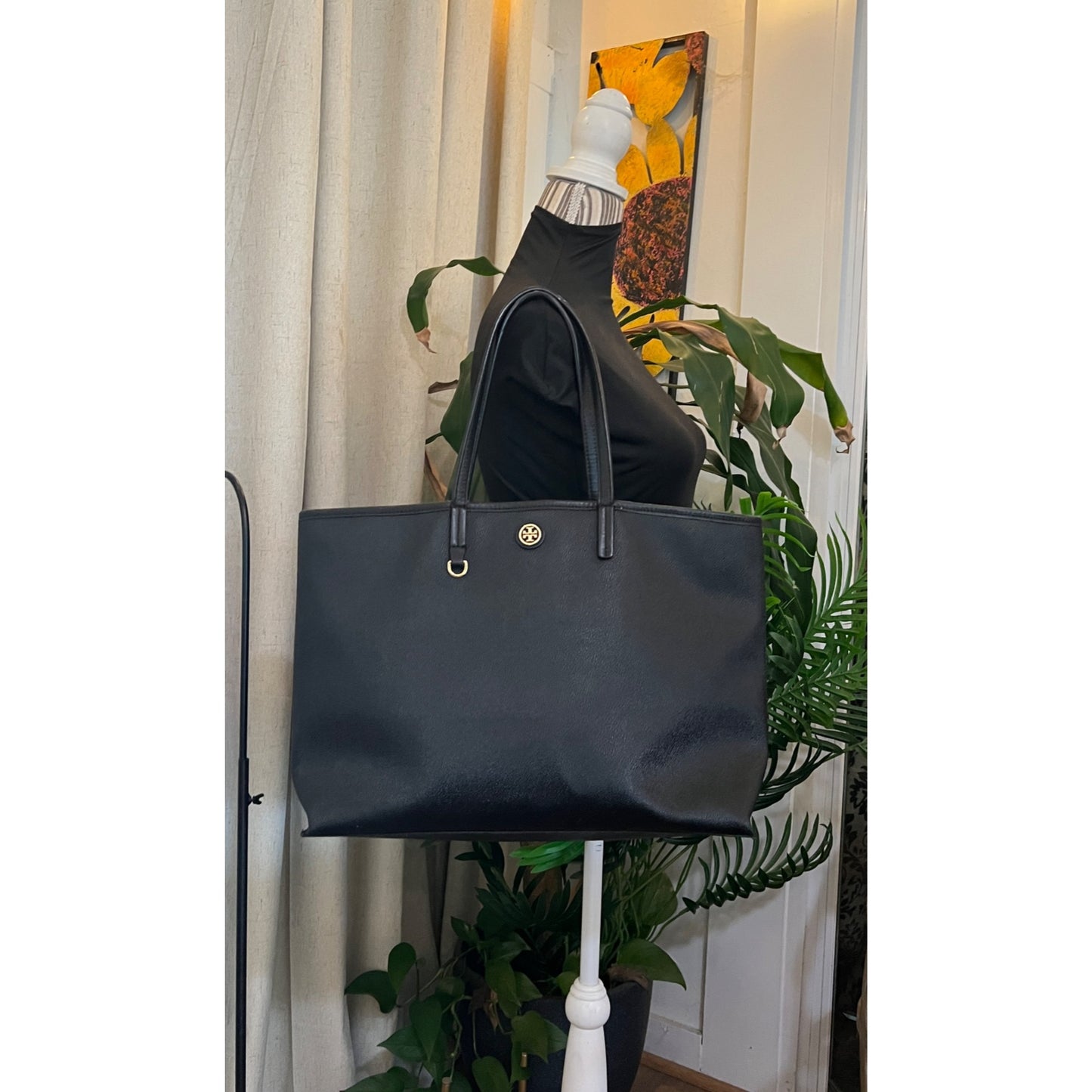 TORY BURCH BLACK STEFANO LEAHTER ROBINSON LARGE TOTE