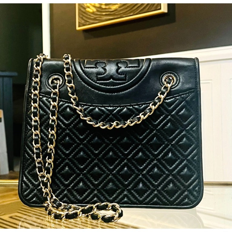 Black Quilted Leather Tory Burch Fleming Convertible Bag