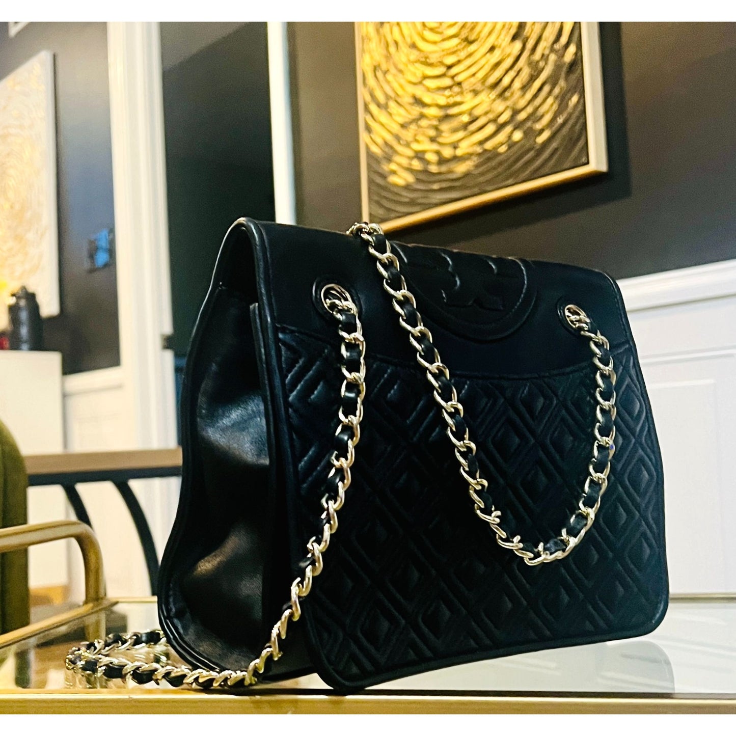 Black Quilted Leather Tory Burch Fleming Convertible Bag