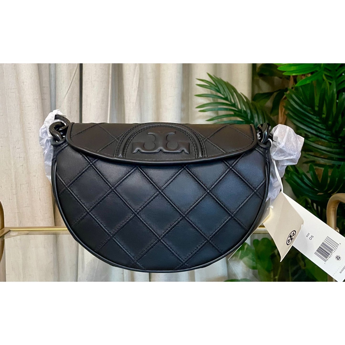 NEW!  Authentic Tory Burch Black Leather Cresent Fleming Handbag