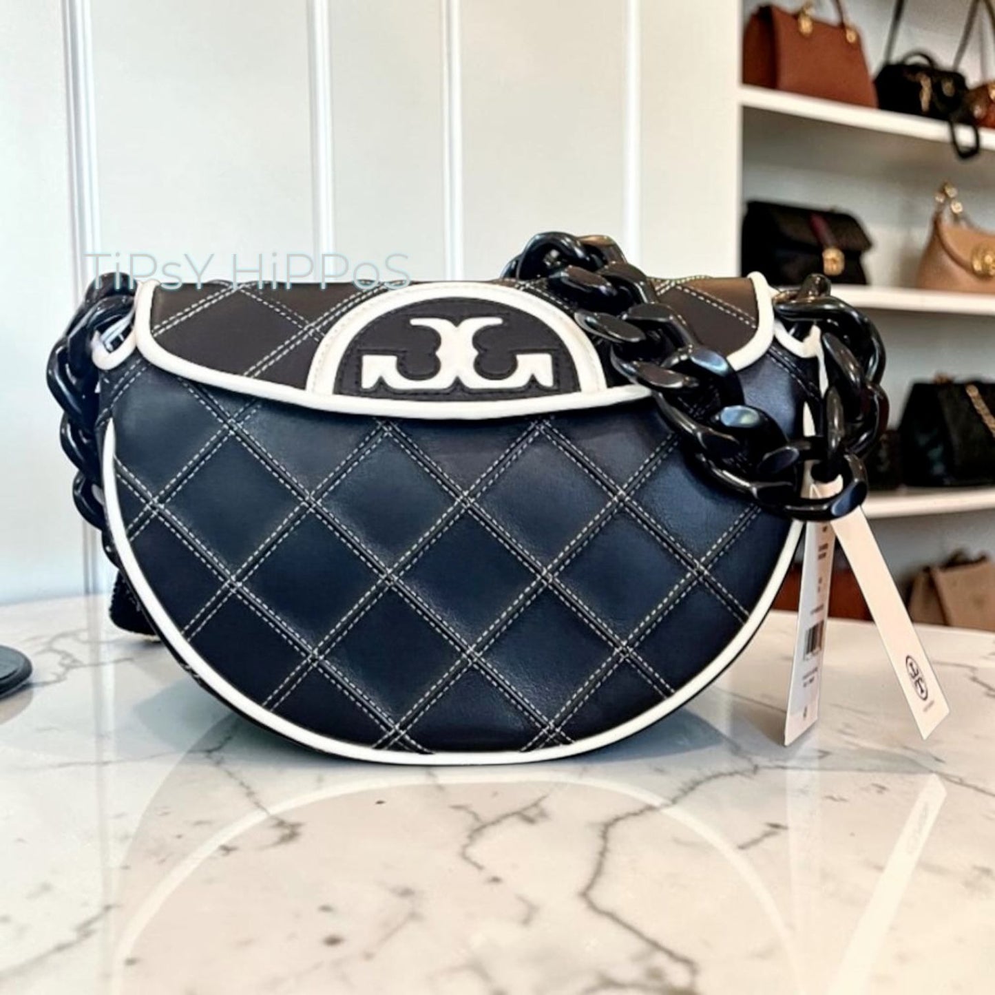 NEW!  Authentic Tory Burch Black and White 1/2 Moon Fleming Handbag
